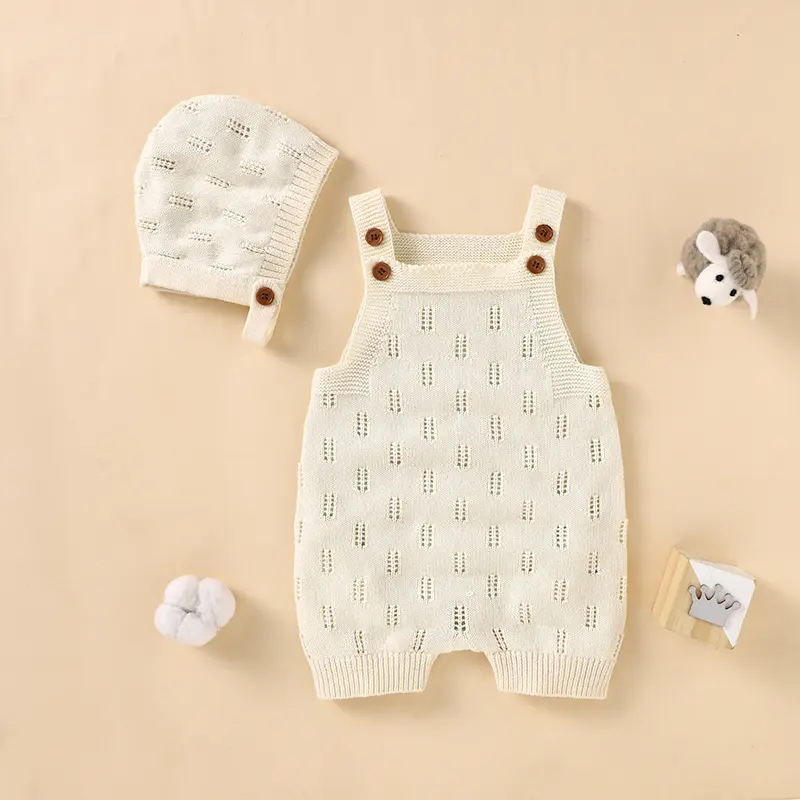 Cotton Baby Rompers Knit Infant Newborn Boys Jumpsuit Sleeveless Summer Toddler Girl Kid Clothing Hat Fashion Solid 2pcs Outfits