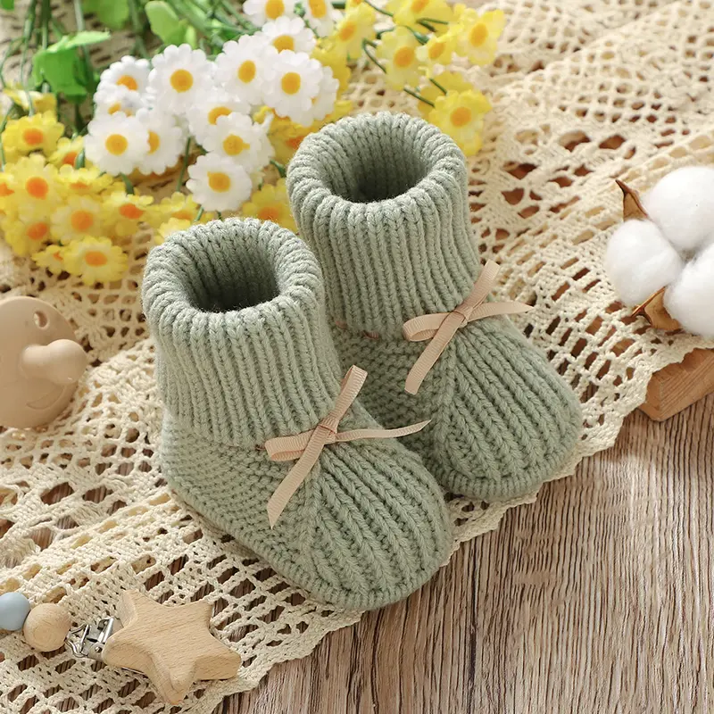 Infant Baby Shoes Knit Newborn Girl Boy Boots Footwear Fashion Solid Bow Toddler Bedding Clothes Accessories 0-18M Warm Handmade