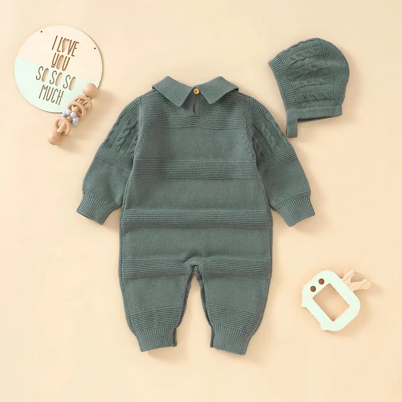 Cotton Baby Rompers Knitted Newborn Boy Girl Jumpsuit Outfits Long Sleeve Autumn Infant Kid Clothes Hat 0-18M 2pcs Fashion Solid