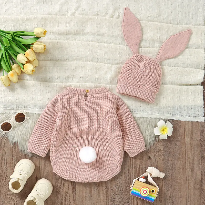 Newborn Baby Bodysuit Knit Infant Boy Girl Jumpsuit Long Sleeve Spring Toddler Kid Clothing Fashion Letter Cute Rabbit Ear 0-12M