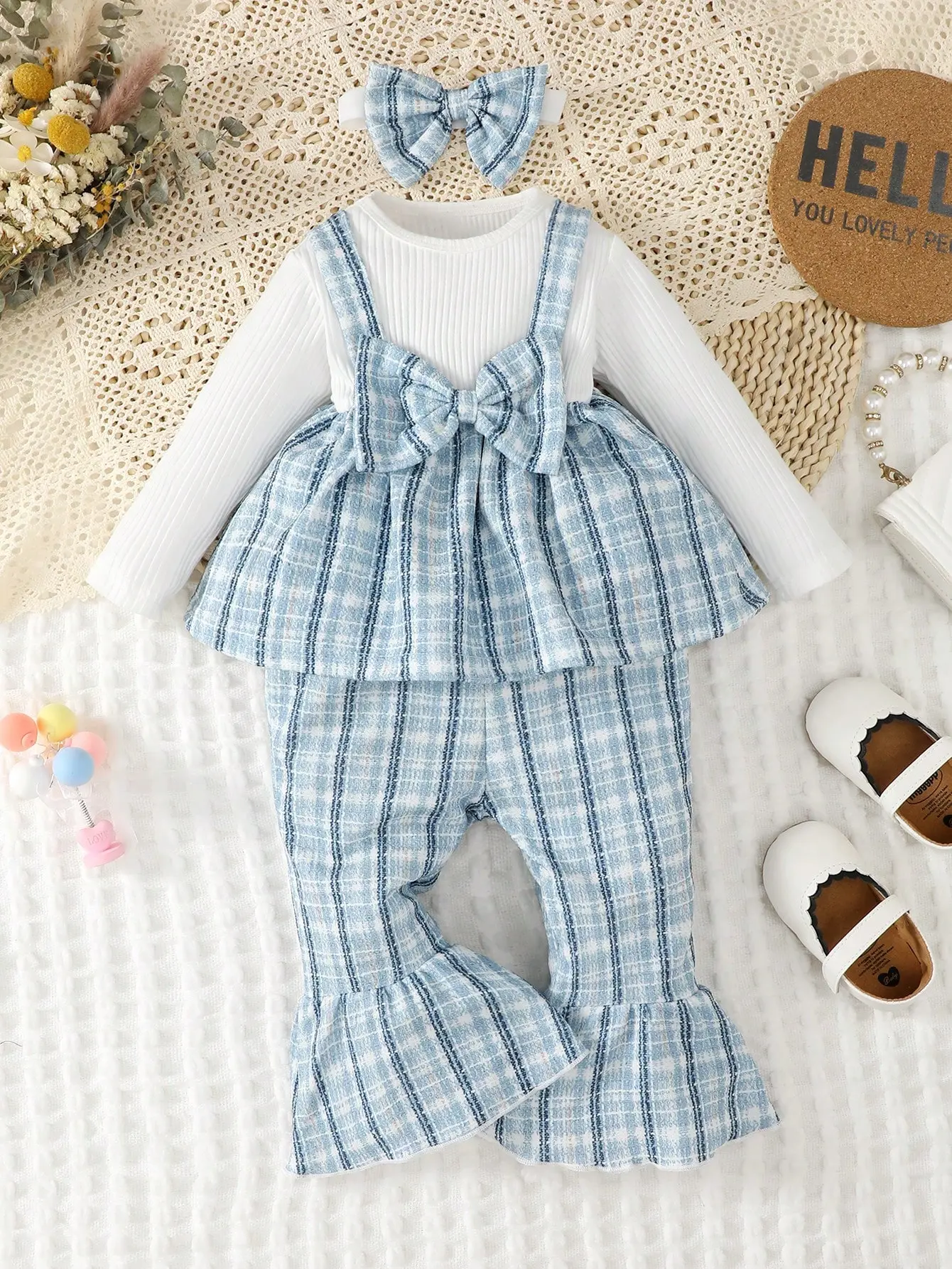 0-2 Fashionable Baby Girl Cute Romantic White Pit Strip Splicing Blue Checkered Long Sleeve Top with Blue Belly Pants and Hairba