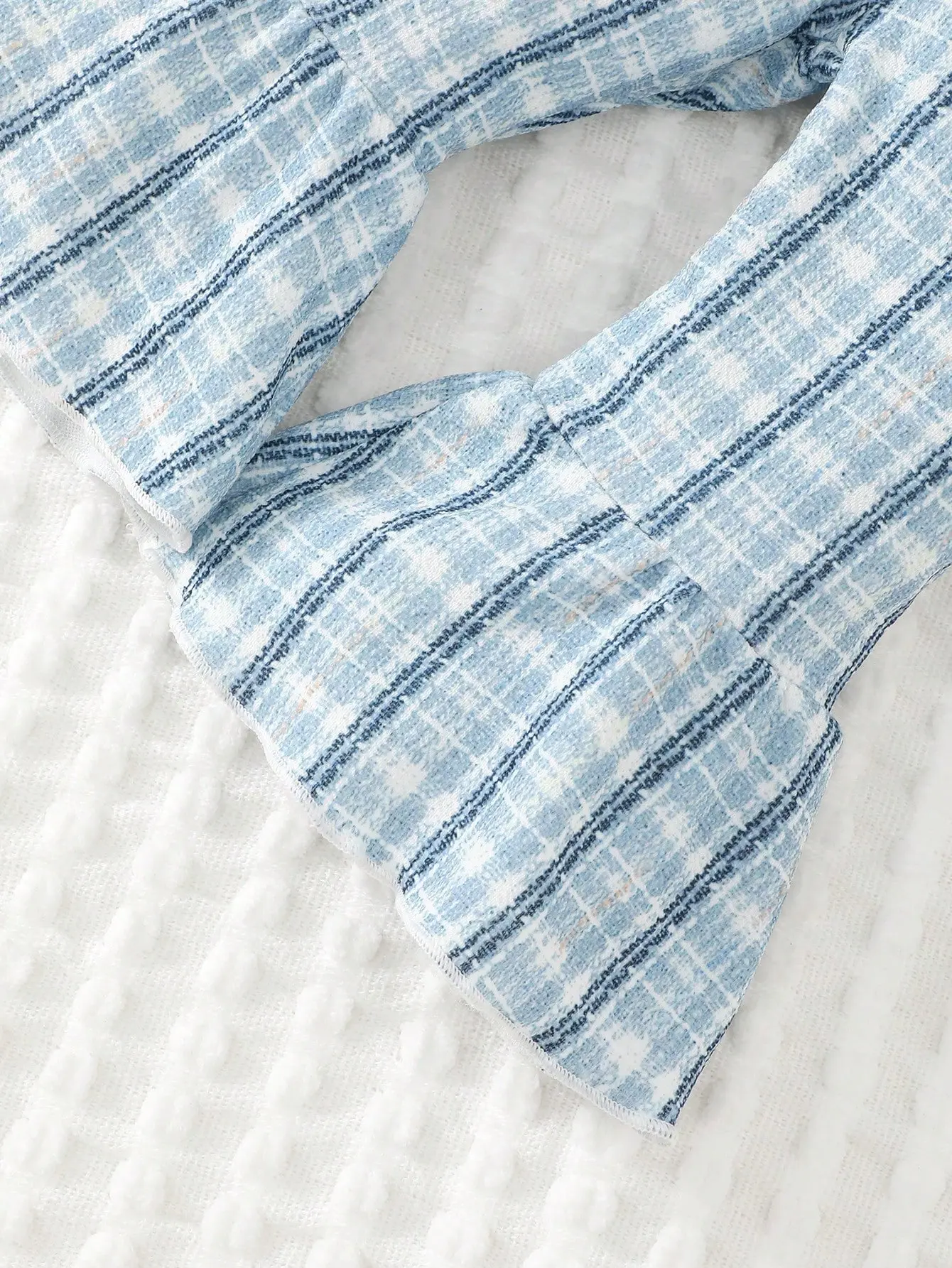 0-2 Fashionable Baby Girl Cute Romantic White Pit Strip Splicing Blue Checkered Long Sleeve Top with Blue Belly Pants and Hairba