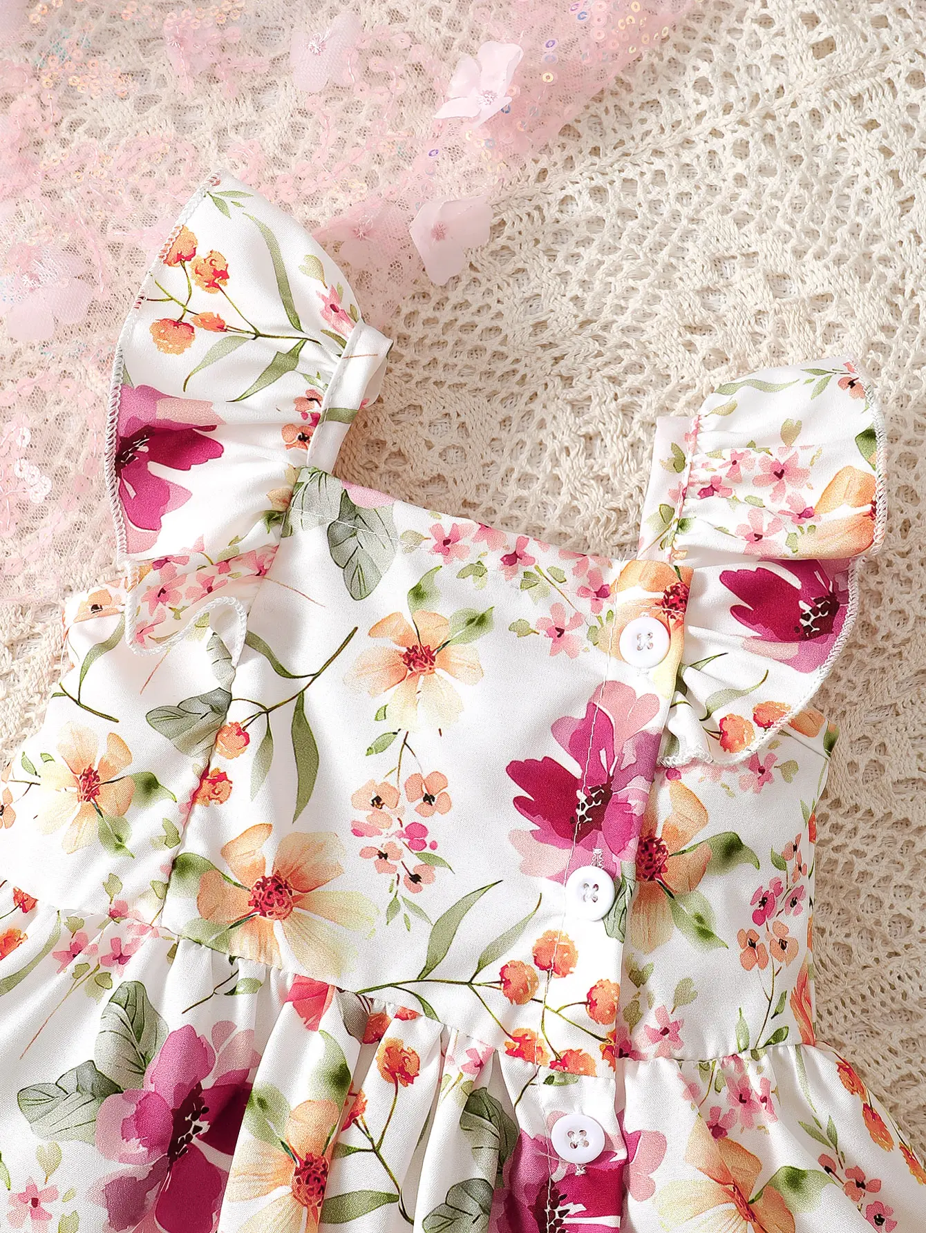 Baby Girl Summer Dress With Flying Sleeves, Spaghetti Straps, Lovely Watercolor Floral Print And Hairband