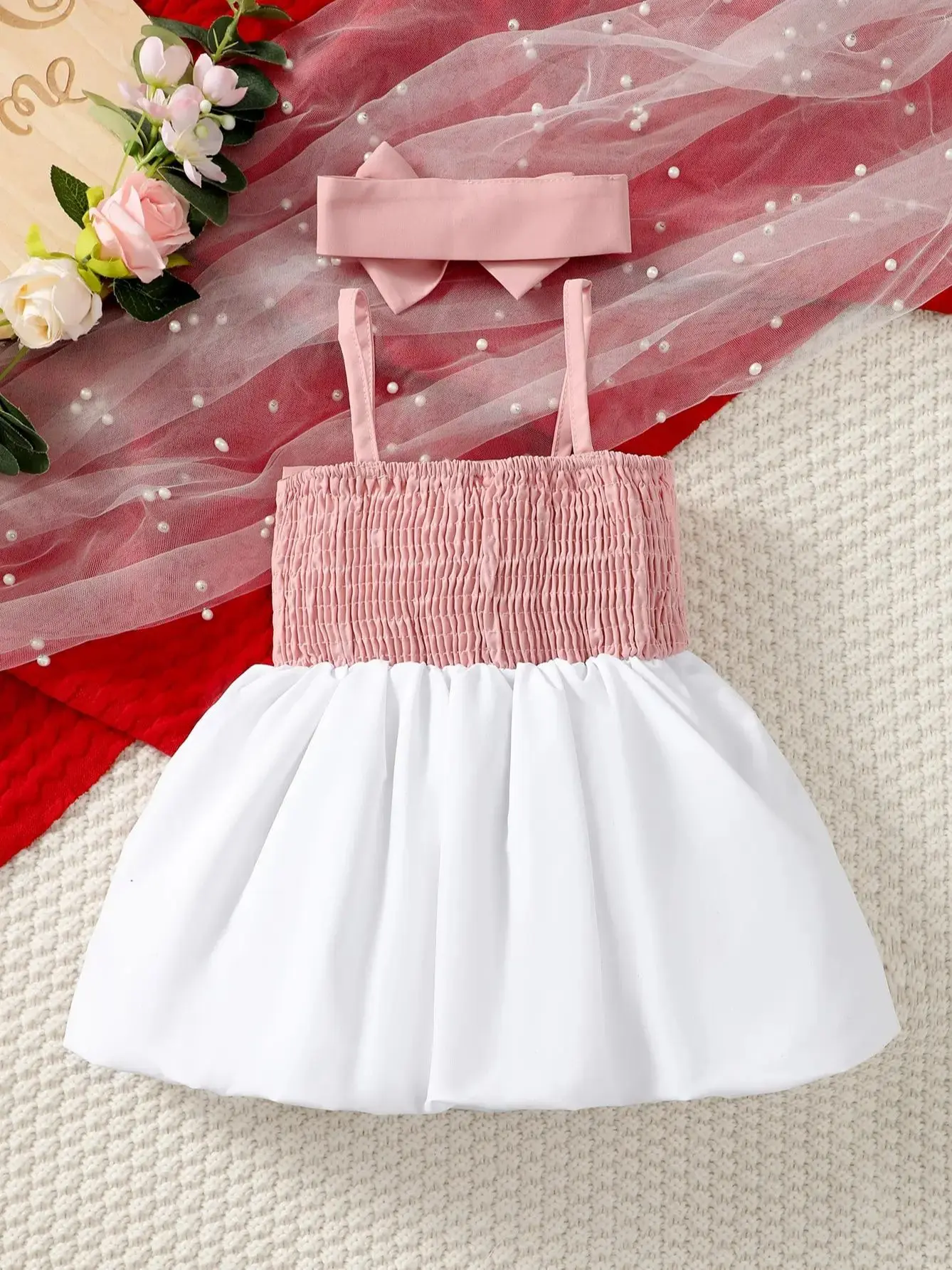 0-3 Year Old Newborn Baby Girls Summer Sleeveless Bow Strap Pink Patchwork White Fashionable Party Dress