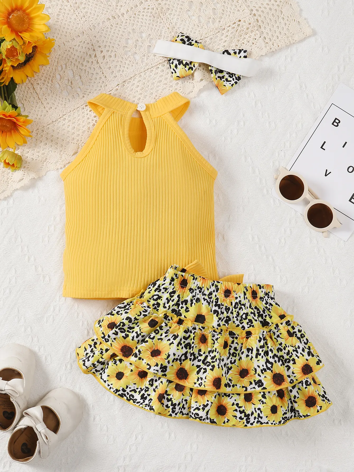 0-2 Year Old Fashionable Baby Girl Three Piece Set With Headband Top, Heart Printed Short Skirt Set