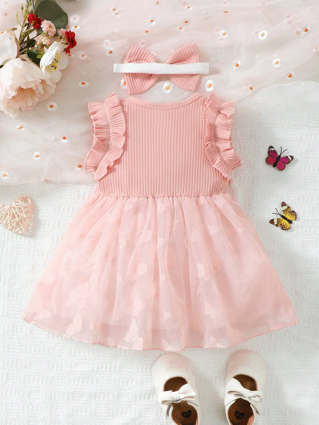 summer Baby Girl Bow Front Ruffle Trim Mesh Overlay Hem Dress With Headband