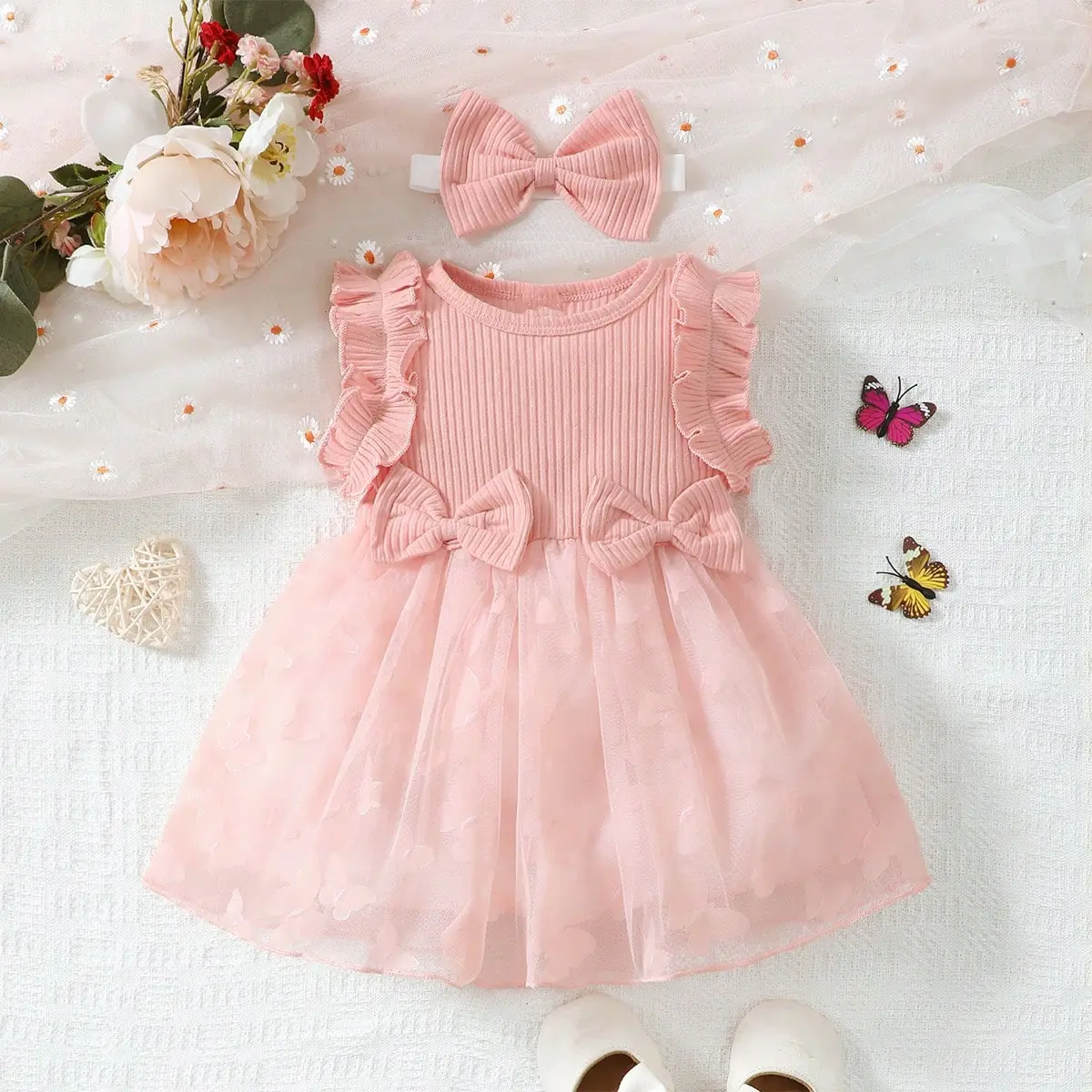summer Baby Girl Bow Front Ruffle Trim Mesh Overlay Hem Dress With Headband