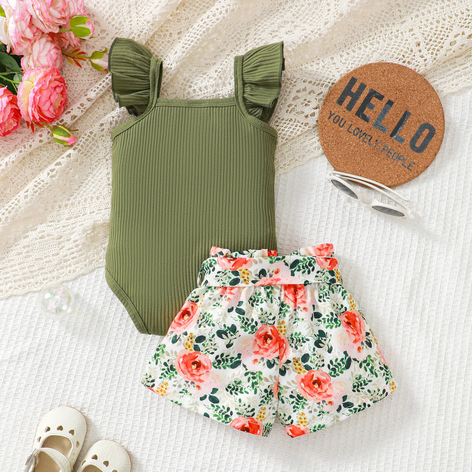 0-2 Year Old Newborn Girl Baby Sleeveless Top, Shorts, Belt, Printed, 3-Piece Girl Baby Clothing Set
