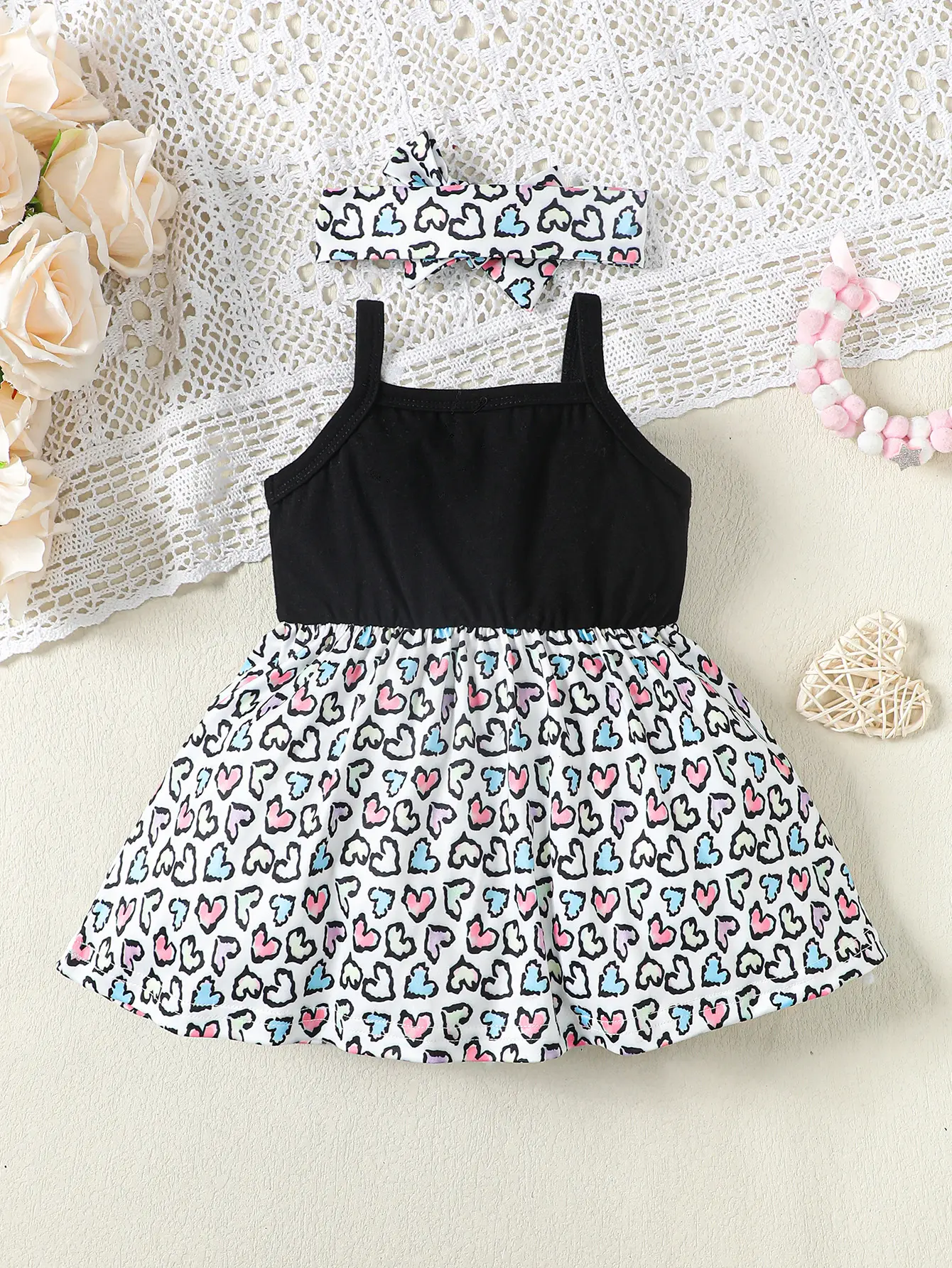 0-2 Year Old Newborn Baby Girl Sleeveless vest, Heart Printed Headband Dress
