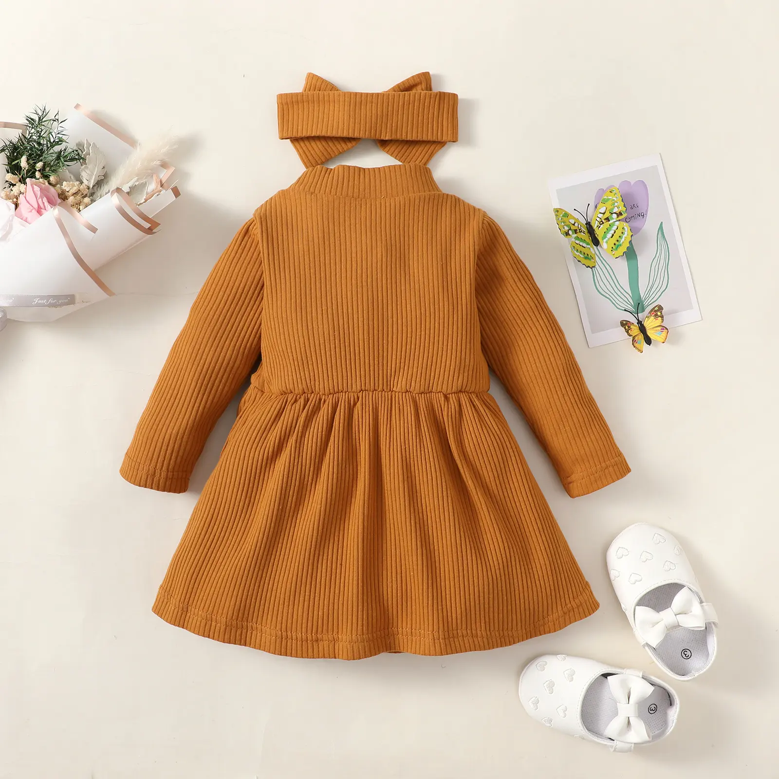 0-2-year-old newborn baby girls spring and autumn brown long-sleeved high-necked cute dress