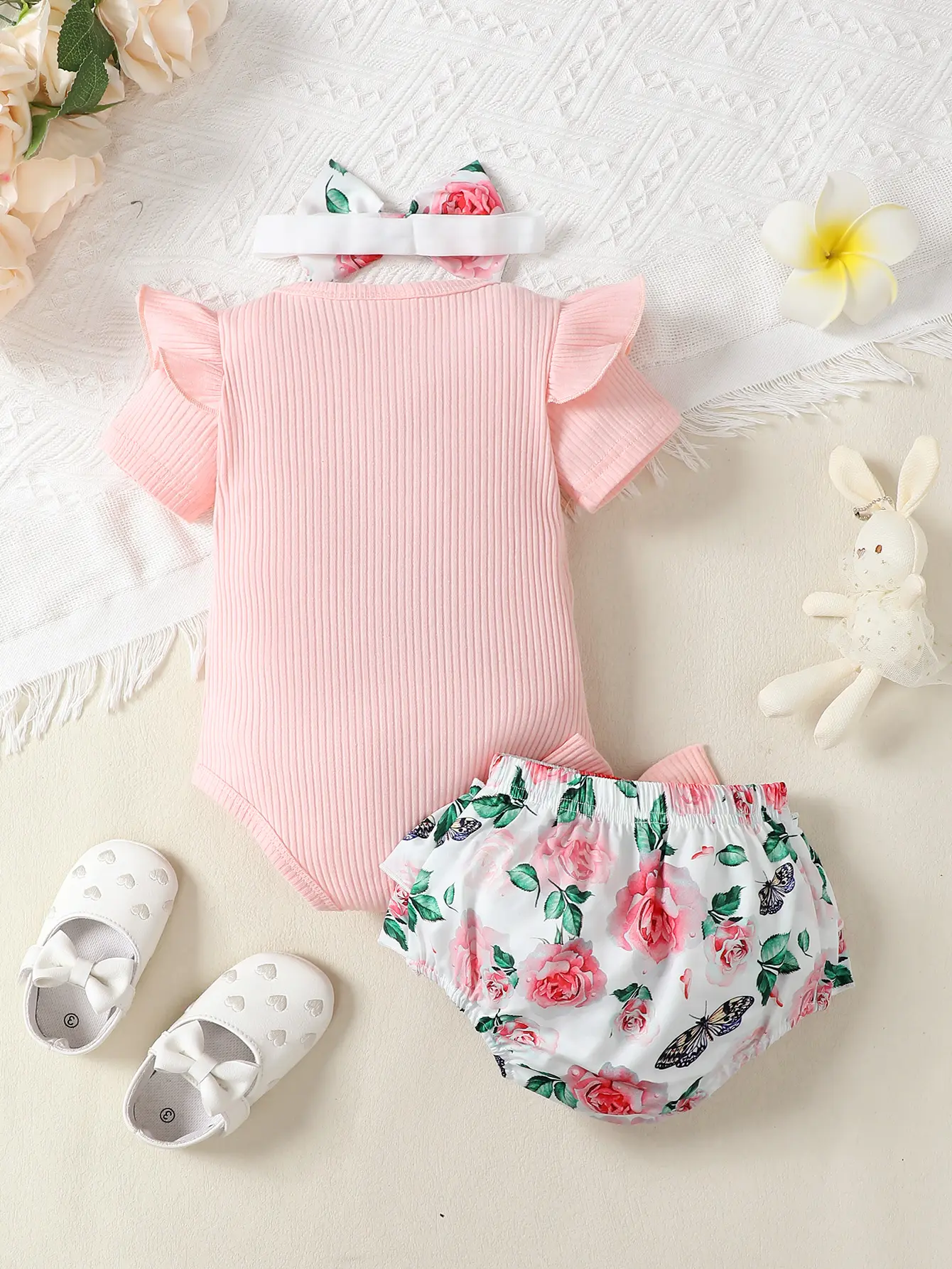 0-2 Year Old Baby Girl Summer Fashion Three Piece Headband Top Printed Shorts Set