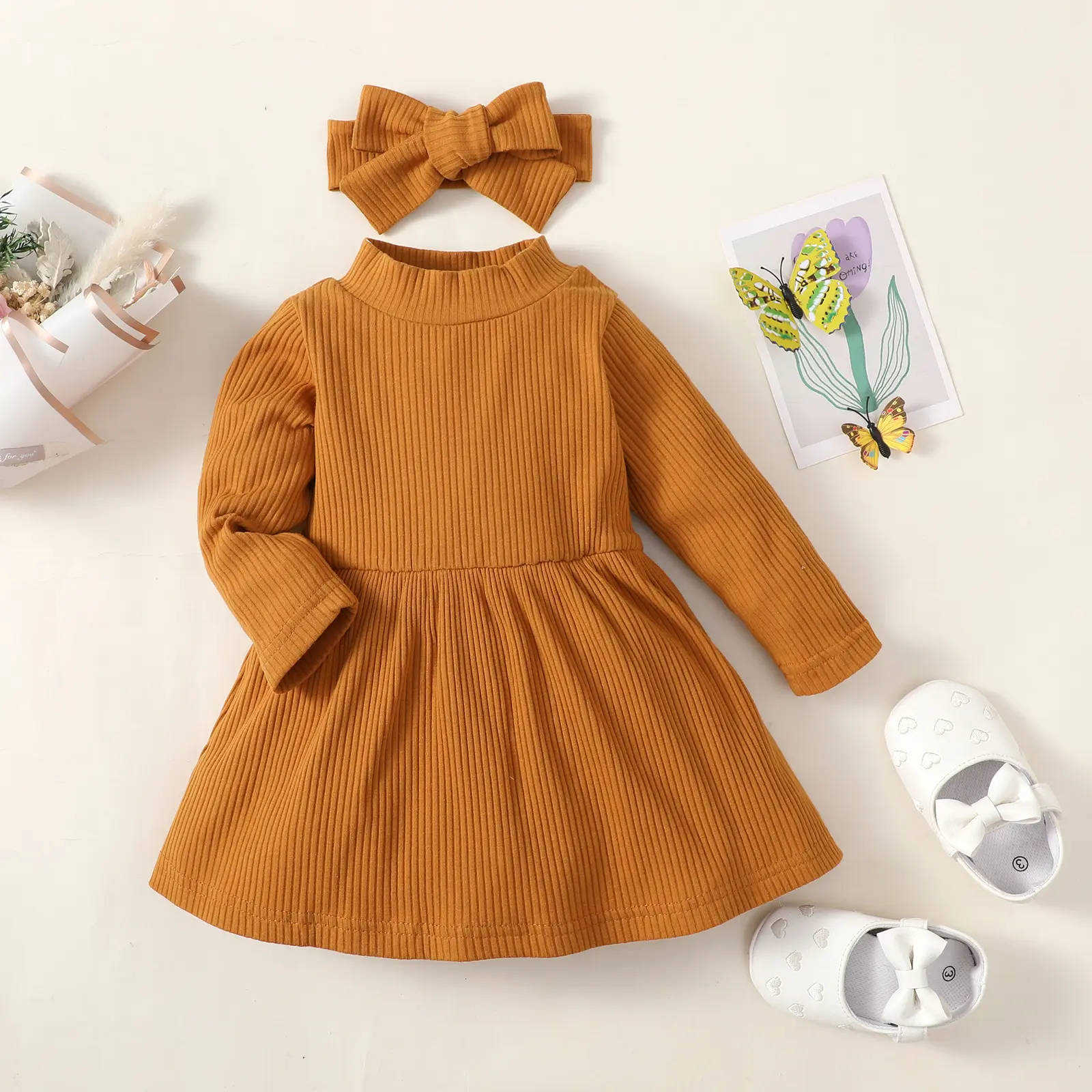 0-2-year-old newborn baby girls spring and autumn brown long-sleeved high-necked cute dress