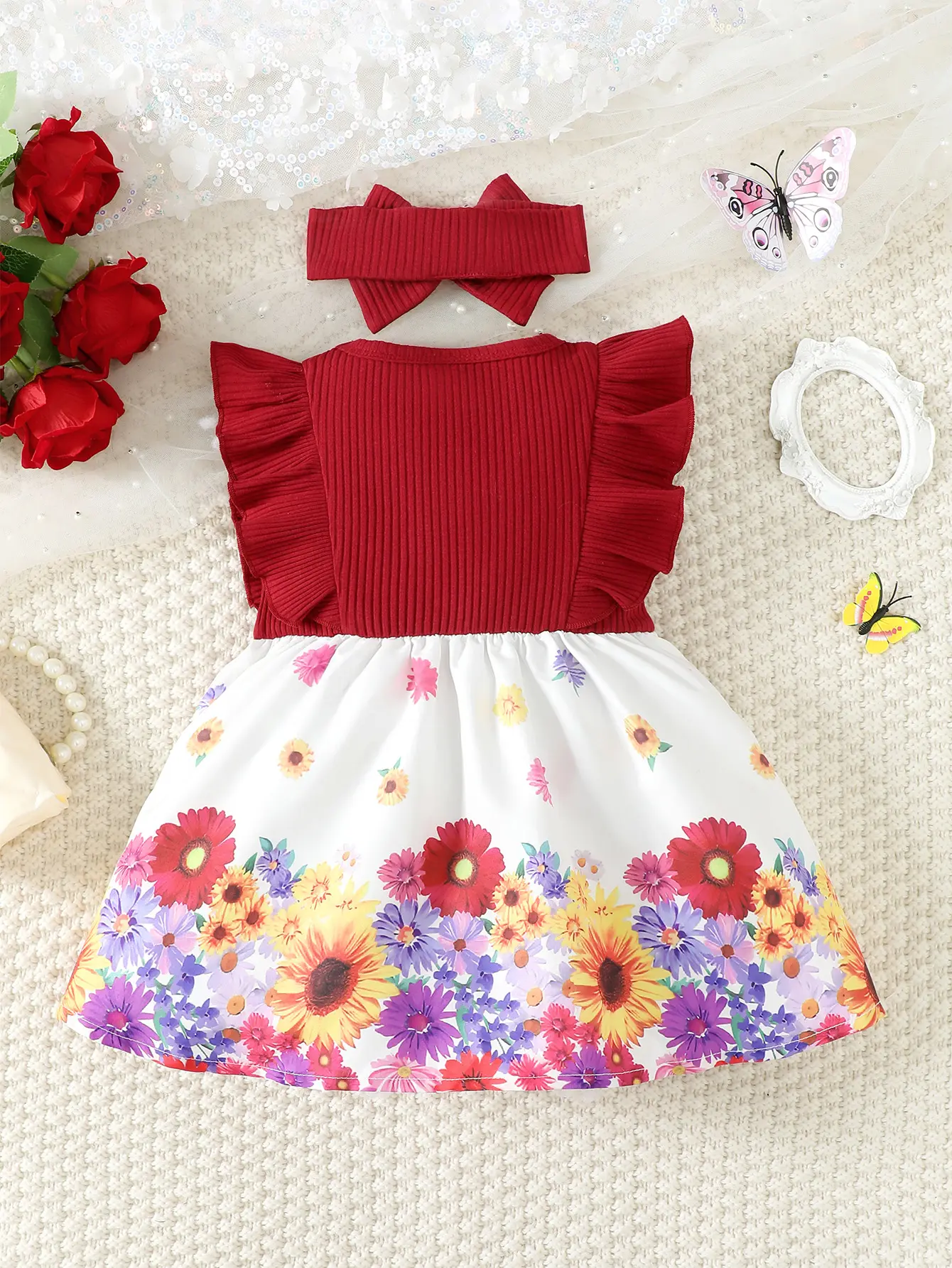 0-2 Year Old Baby Girl Summer  Cotton Sleeveless Bow Print Headscarf Round Neck Skirt Baby Clothes
