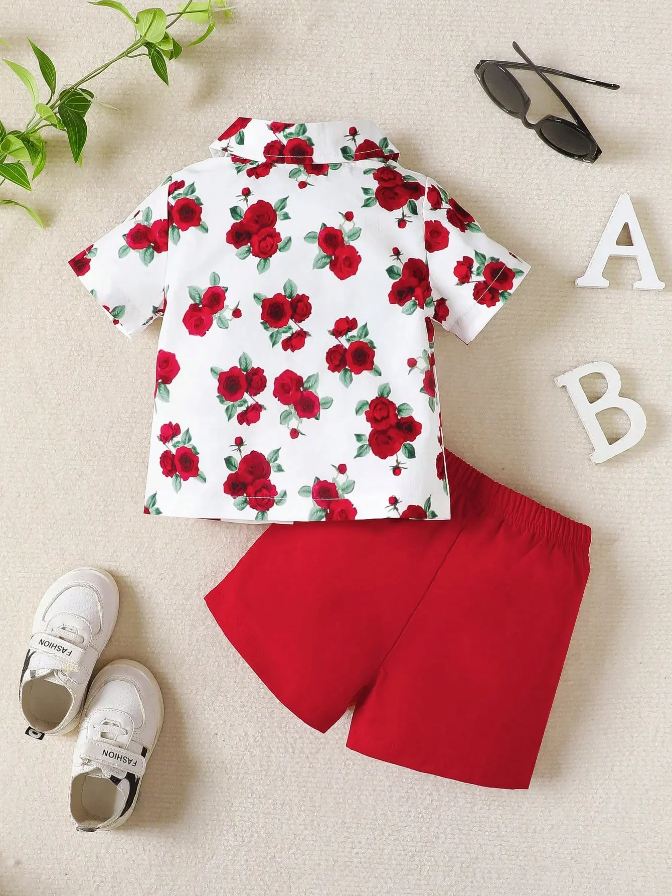 New Digital Printed Solid Color Bow Casual Short Sleeved Shorts Set For Boys