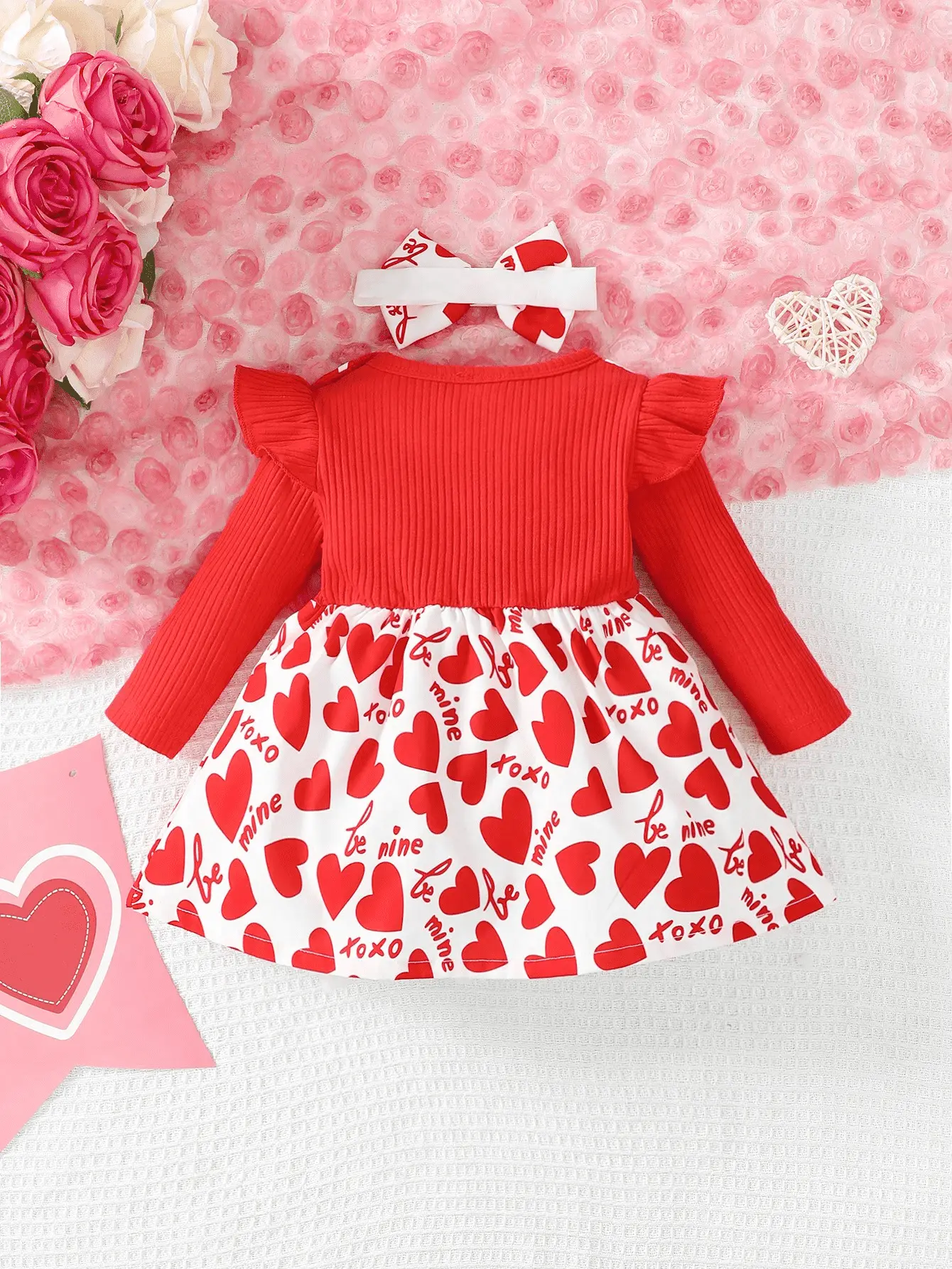 Newborn Girl Baby Love Digital Print Bow Headband Dress
