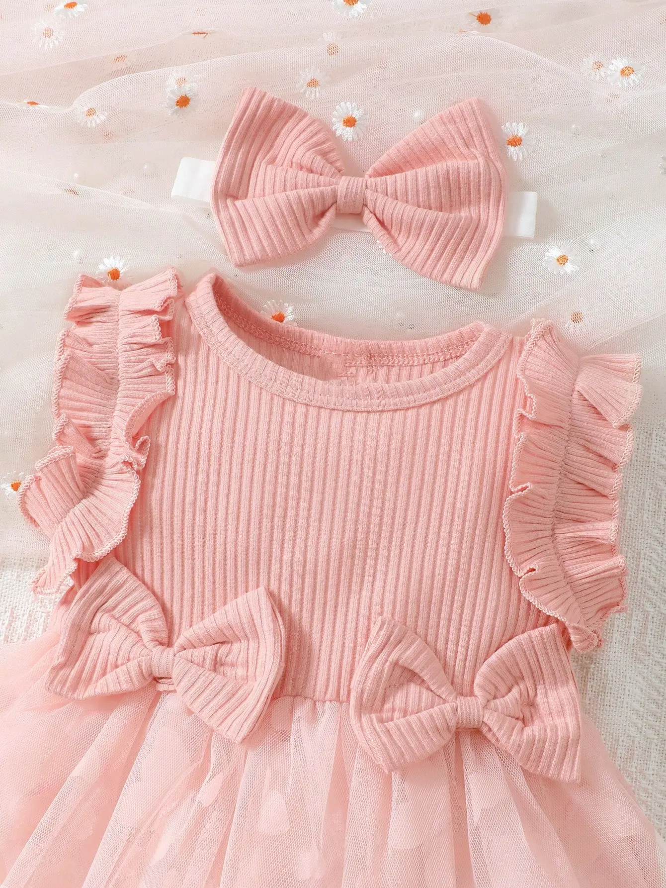 summer Baby Girl Bow Front Ruffle Trim Mesh Overlay Hem Dress With Headband