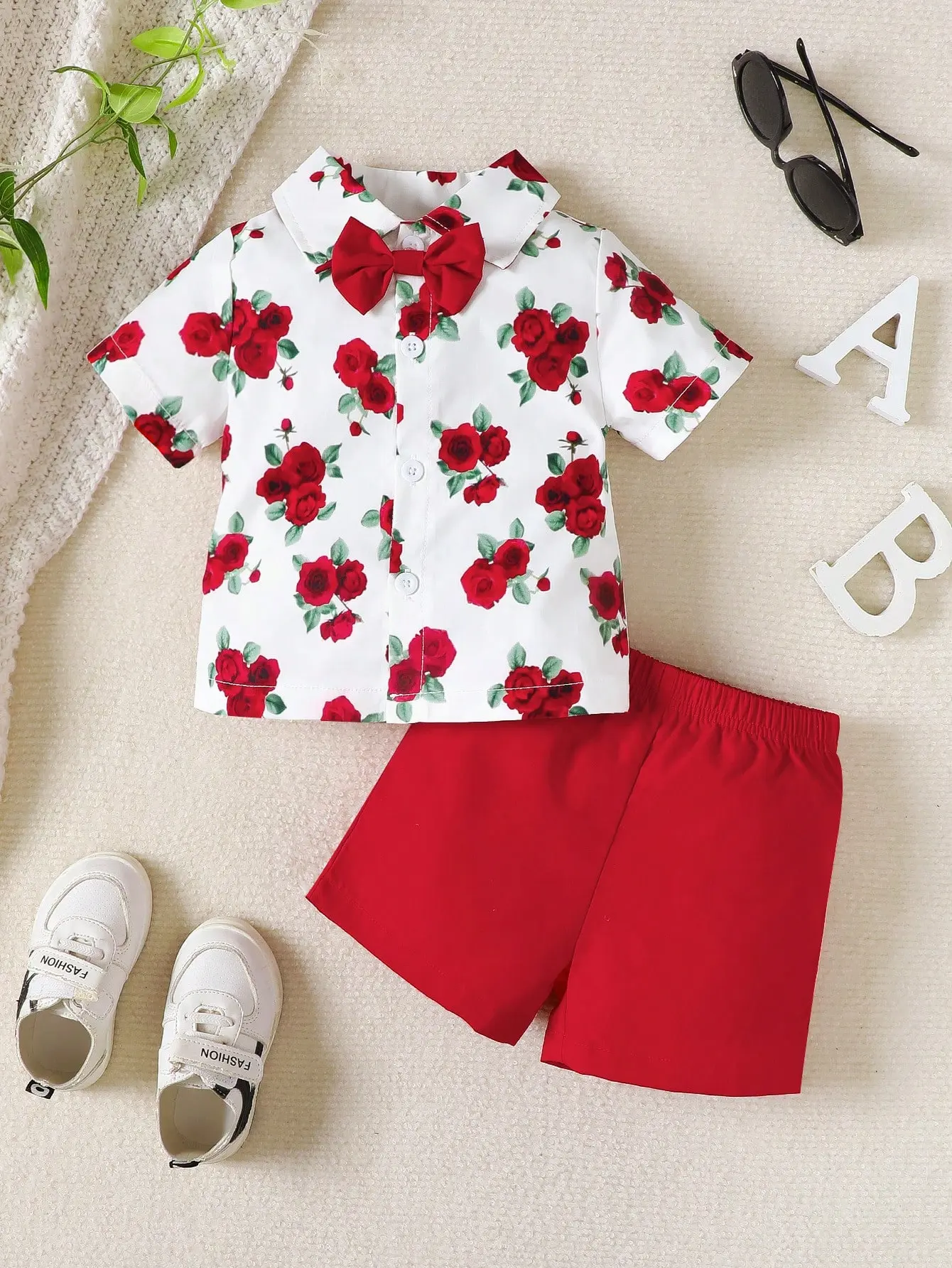 New Digital Printed Solid Color Bow Casual Short Sleeved Shorts Set For Boys