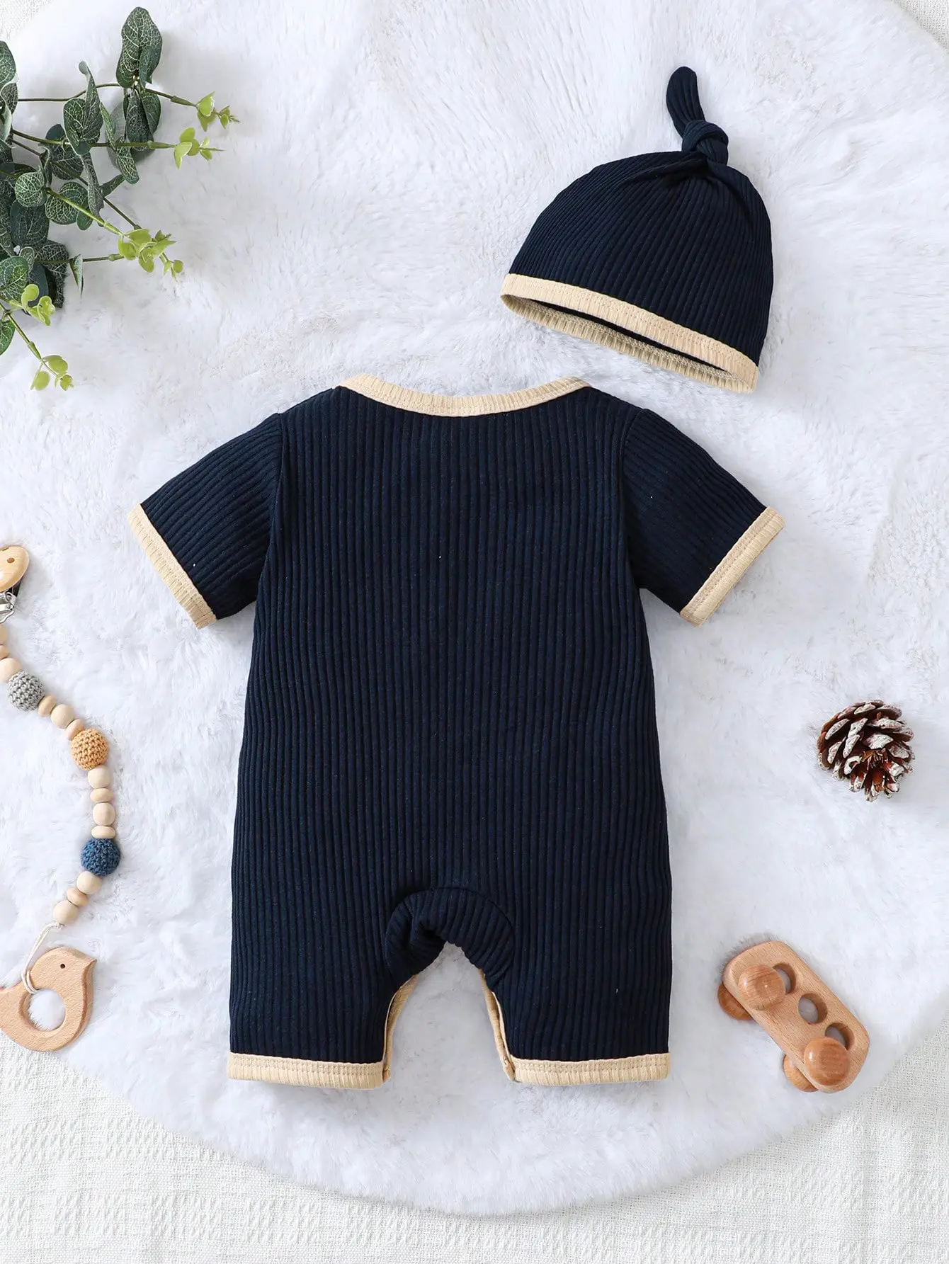 New Baby Boy Short Sleeved Solid Color Pit Stripe Combed Cotton Simple Casual Daily Jumpsuit Pants