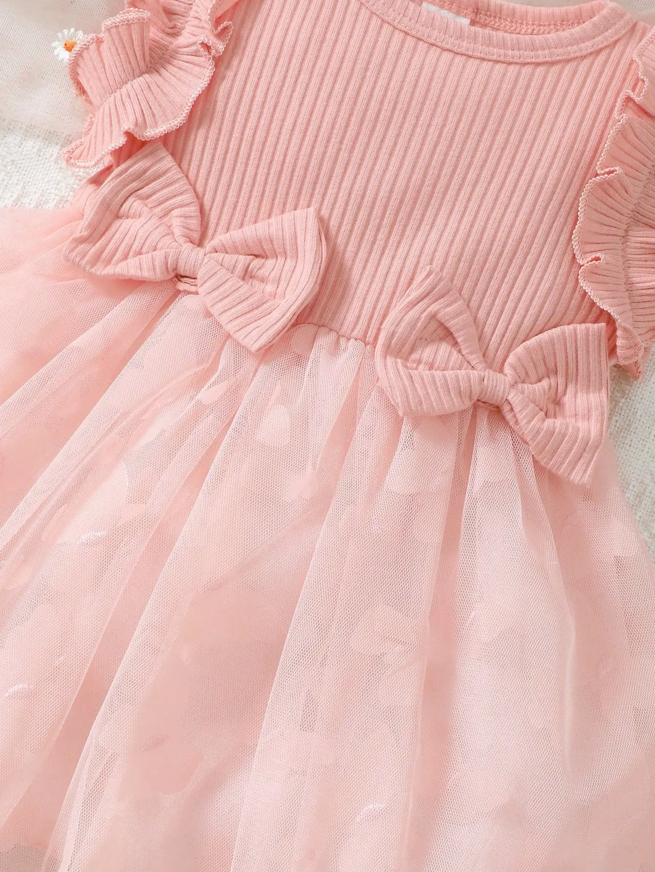 summer Baby Girl Bow Front Ruffle Trim Mesh Overlay Hem Dress With Headband