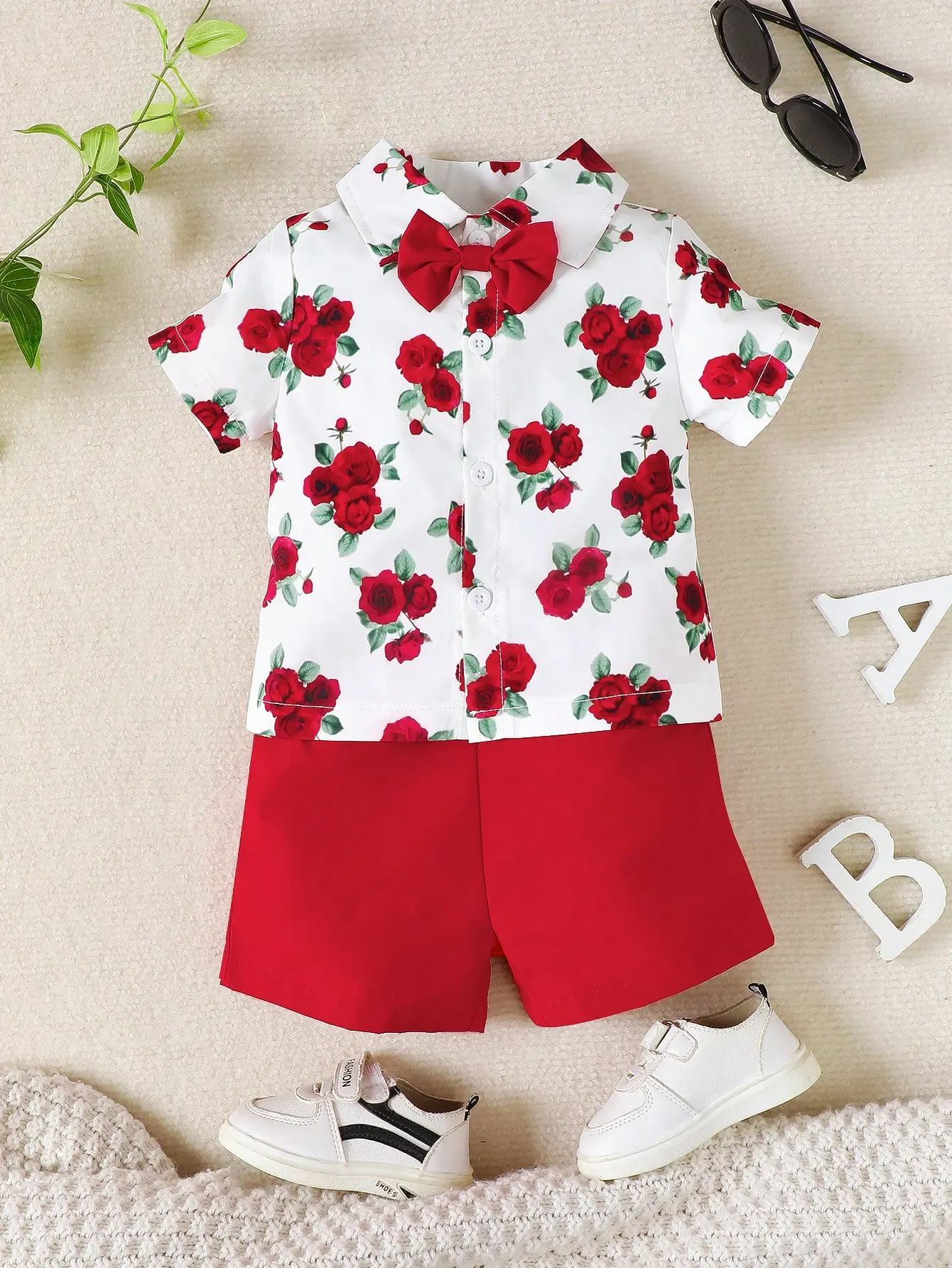 New Digital Printed Solid Color Bow Casual Short Sleeved Shorts Set For Boys
