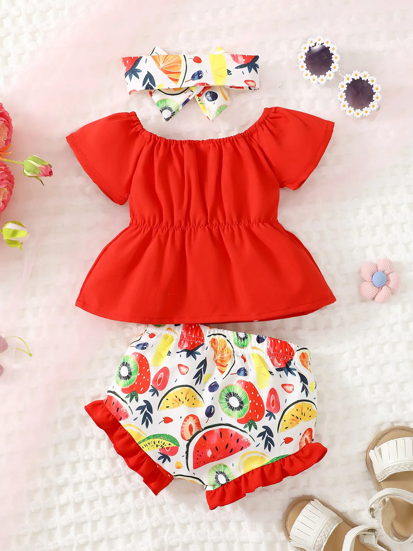Newborn Girl Baby Summer Fruit Print Bow Solid Color Short Sleeved Shorts Headband 3-Piece Set