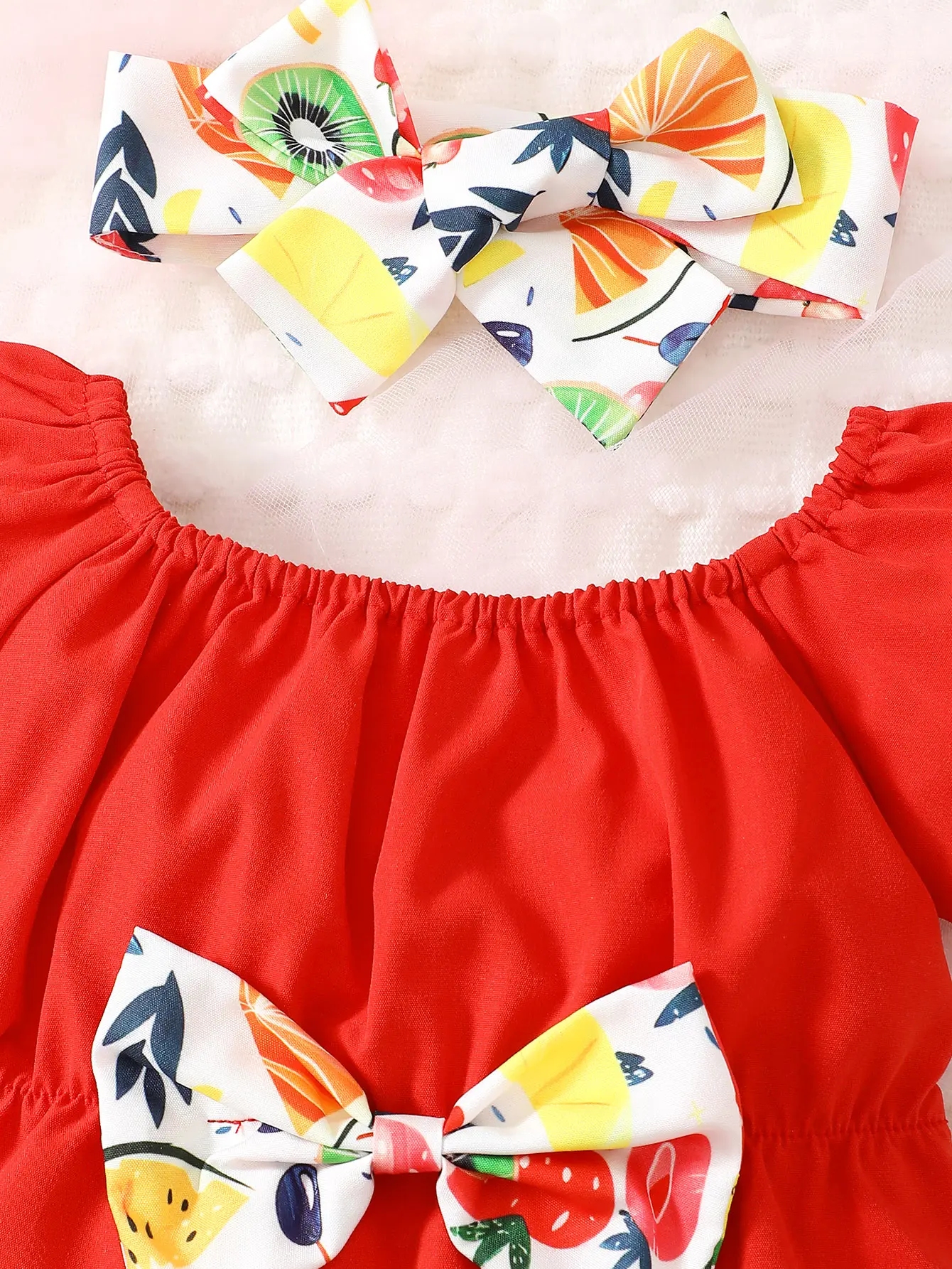 Newborn Girl Baby Summer Fruit Print Bow Solid Color Short Sleeved Shorts Headband 3-Piece Set
