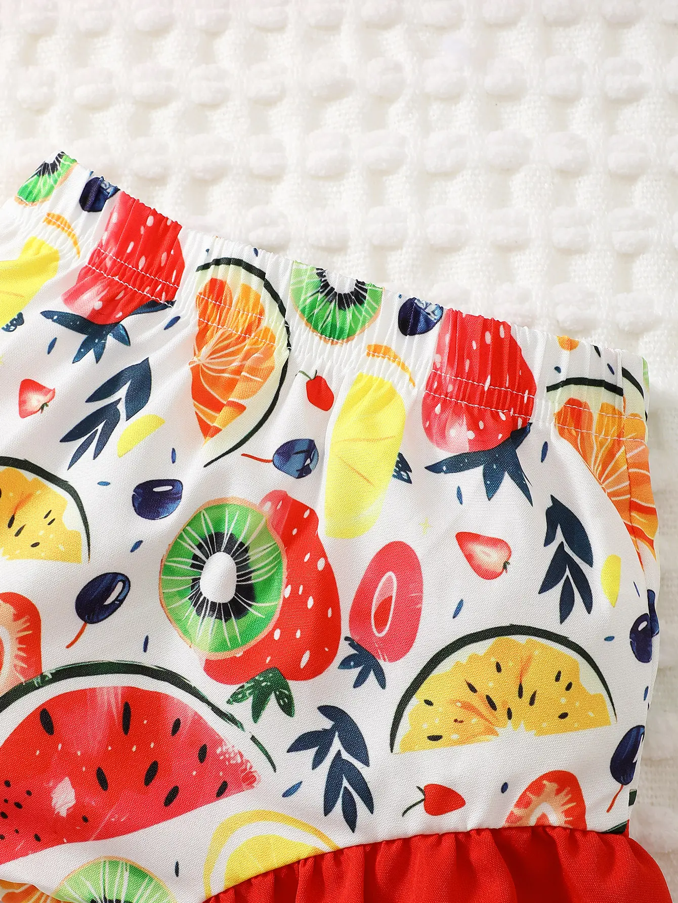 Newborn Girl Baby Summer Fruit Print Bow Solid Color Short Sleeved Shorts Headband 3-Piece Set