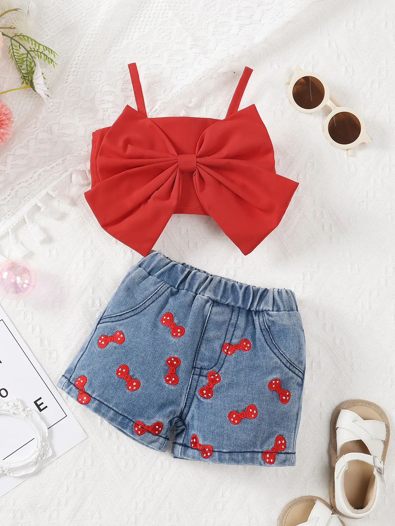 0-2 Year Old Baby Girl Summer Fashion Two-Piece Suspender Top Denim Shorts Set