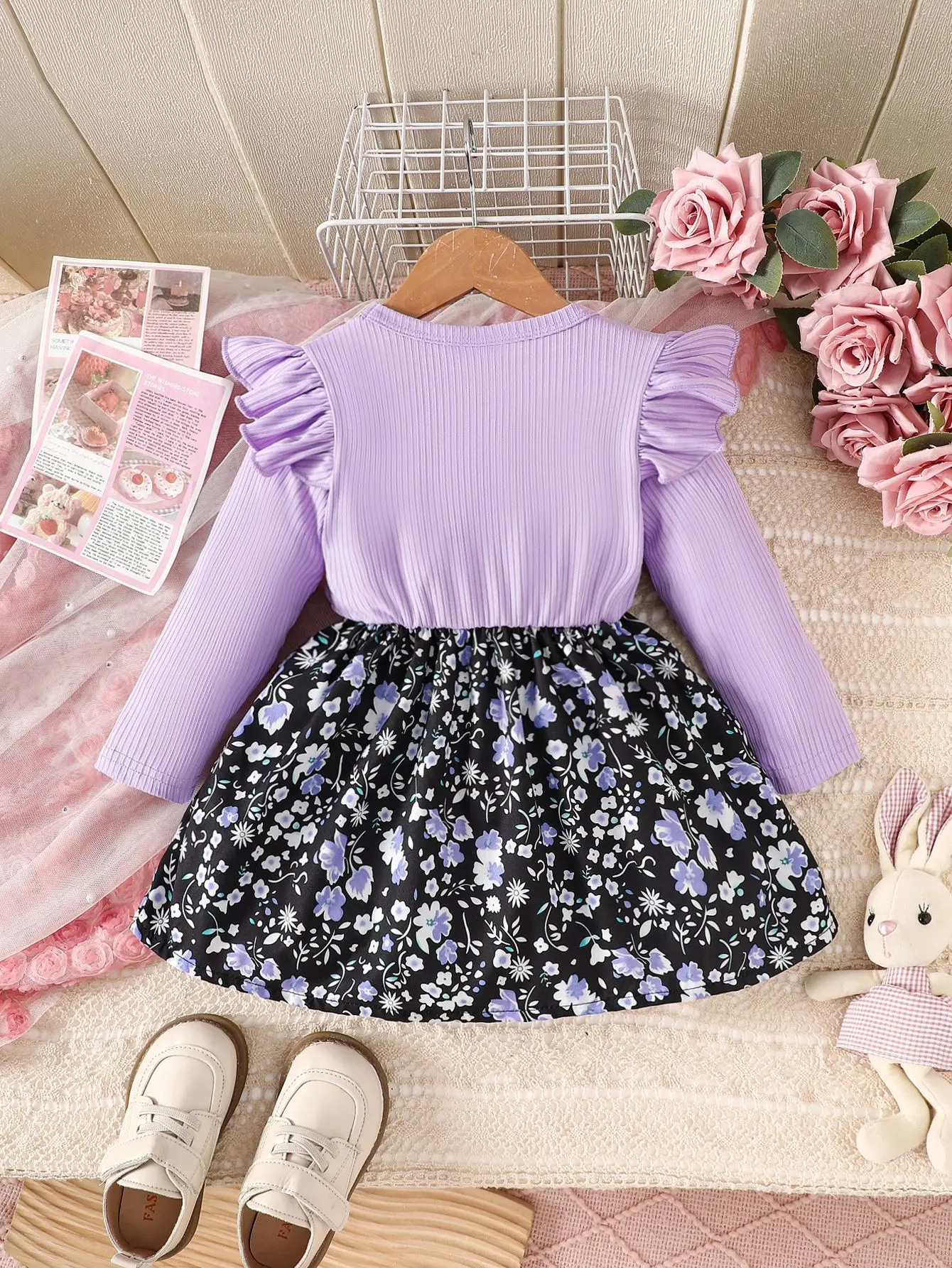 New Baby Girl Long Sleeved Round Neck Casual Simple Flower Print Dress