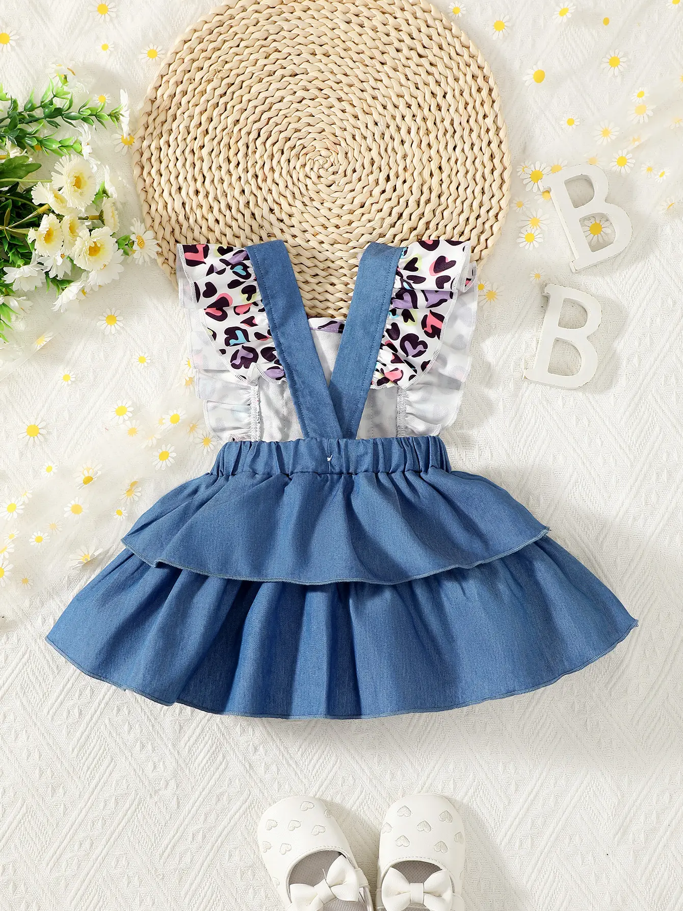 Fashionable Baby Girl Summer Denim Fly Sleeved Heart Dress Set