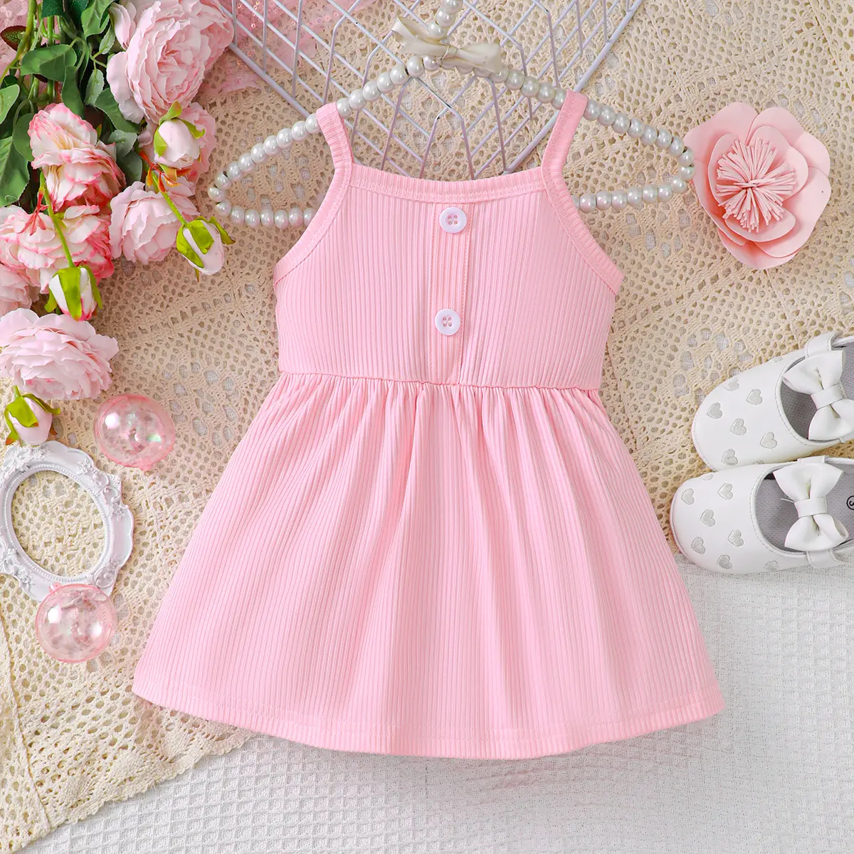 New Fashion Summer Baby Girl Solid Color Simple Casual Home Pit Pattern Hanging Strap Dress