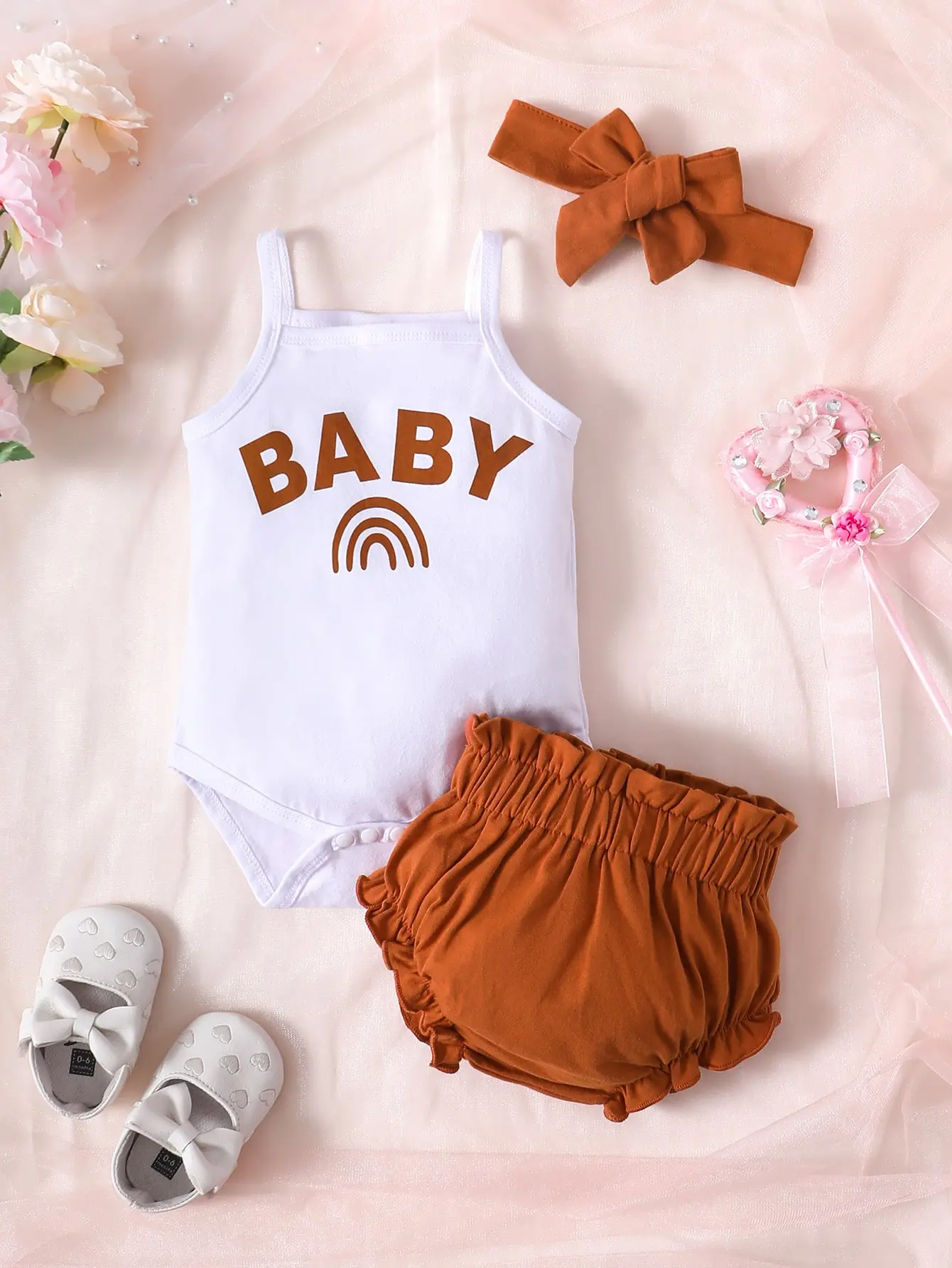 Summer Baby Girl Letter Graphic Cami Bodysuit & Paperbag Waist Shorts & Headband