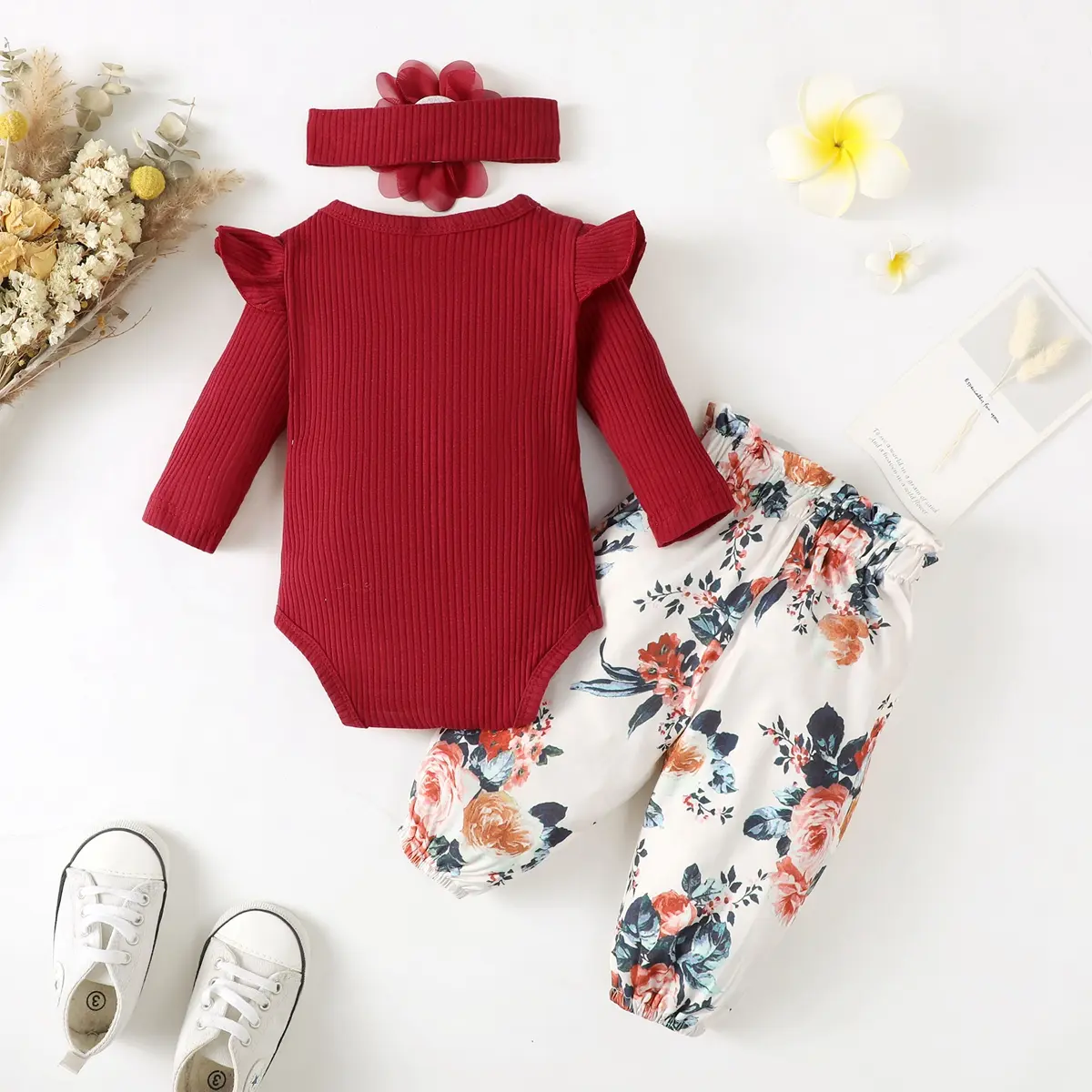 0-2 Year Old Newborn Baby Girls Spring and Autumn Long Sleeve Round Neck Pure Color Flower Print Pants Fashion Set