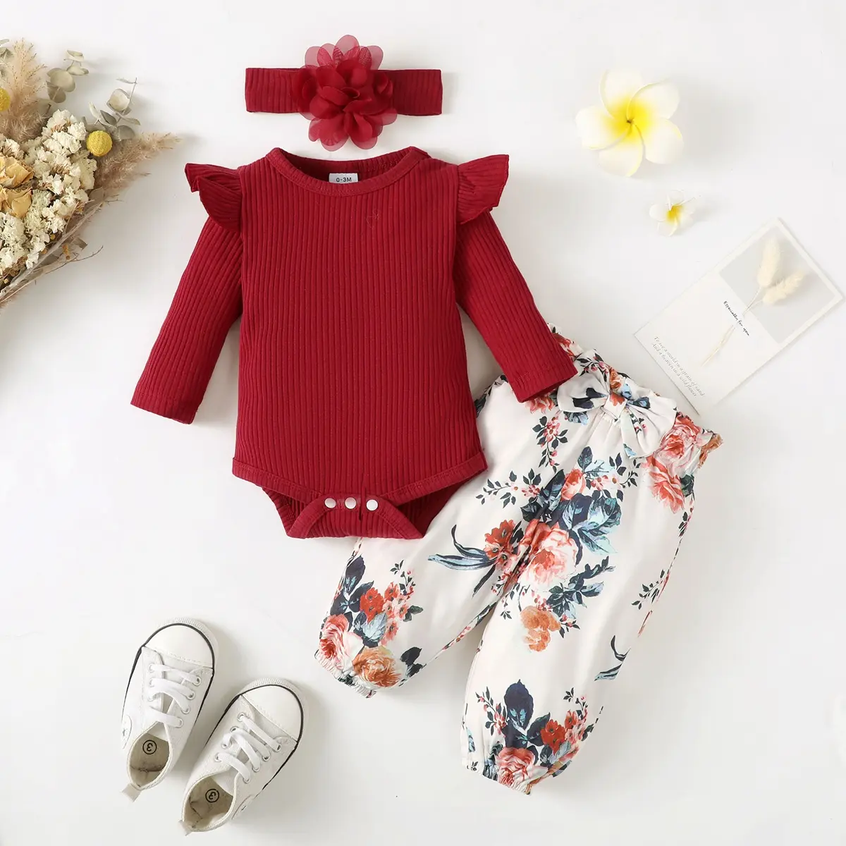0-2 Year Old Newborn Baby Girls Spring and Autumn Long Sleeve Round Neck Pure Color Flower Print Pants Fashion Set