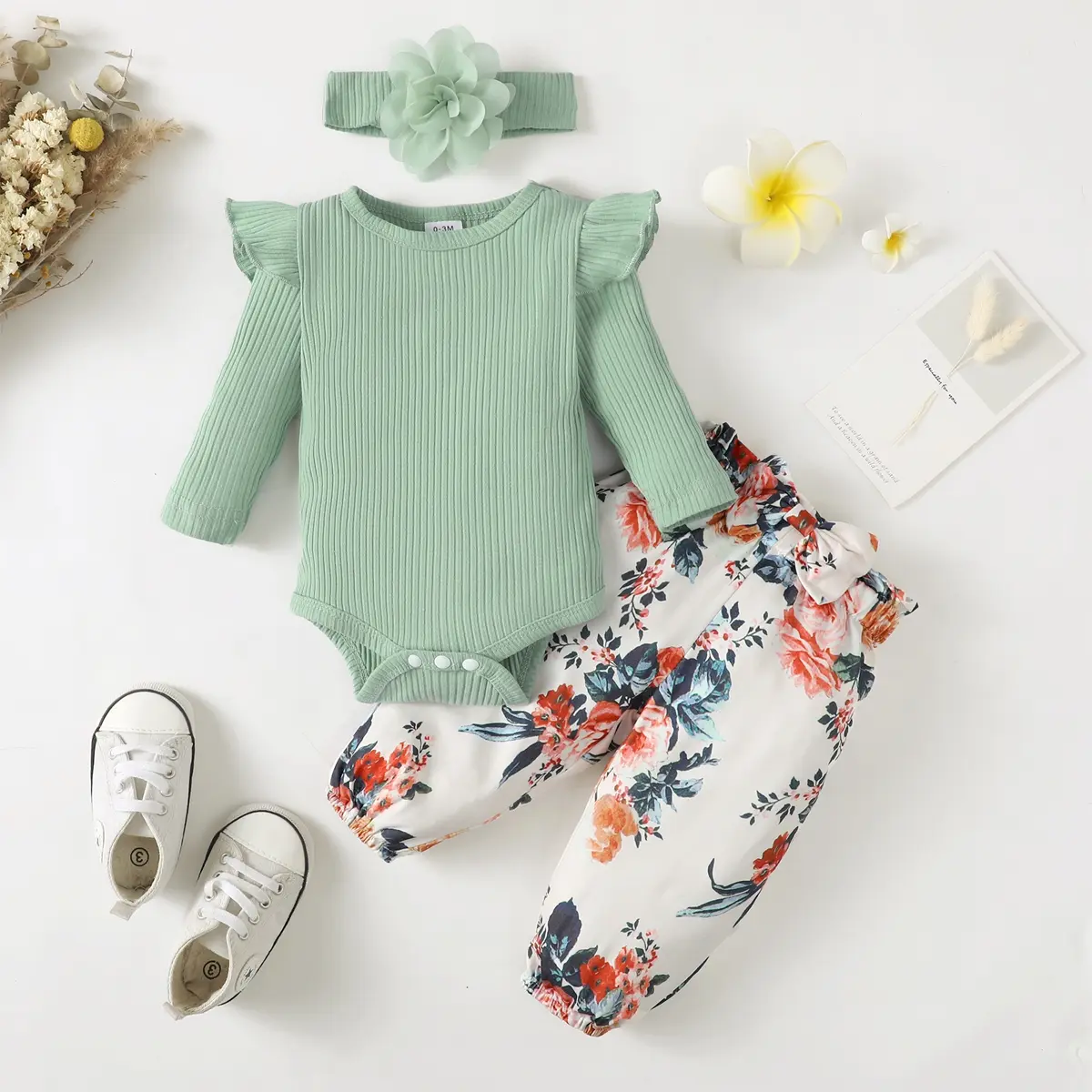 0-2 Year Old Newborn Baby Girls Spring and Autumn Long Sleeve Round Neck Pure Color Flower Print Pants Fashion Set