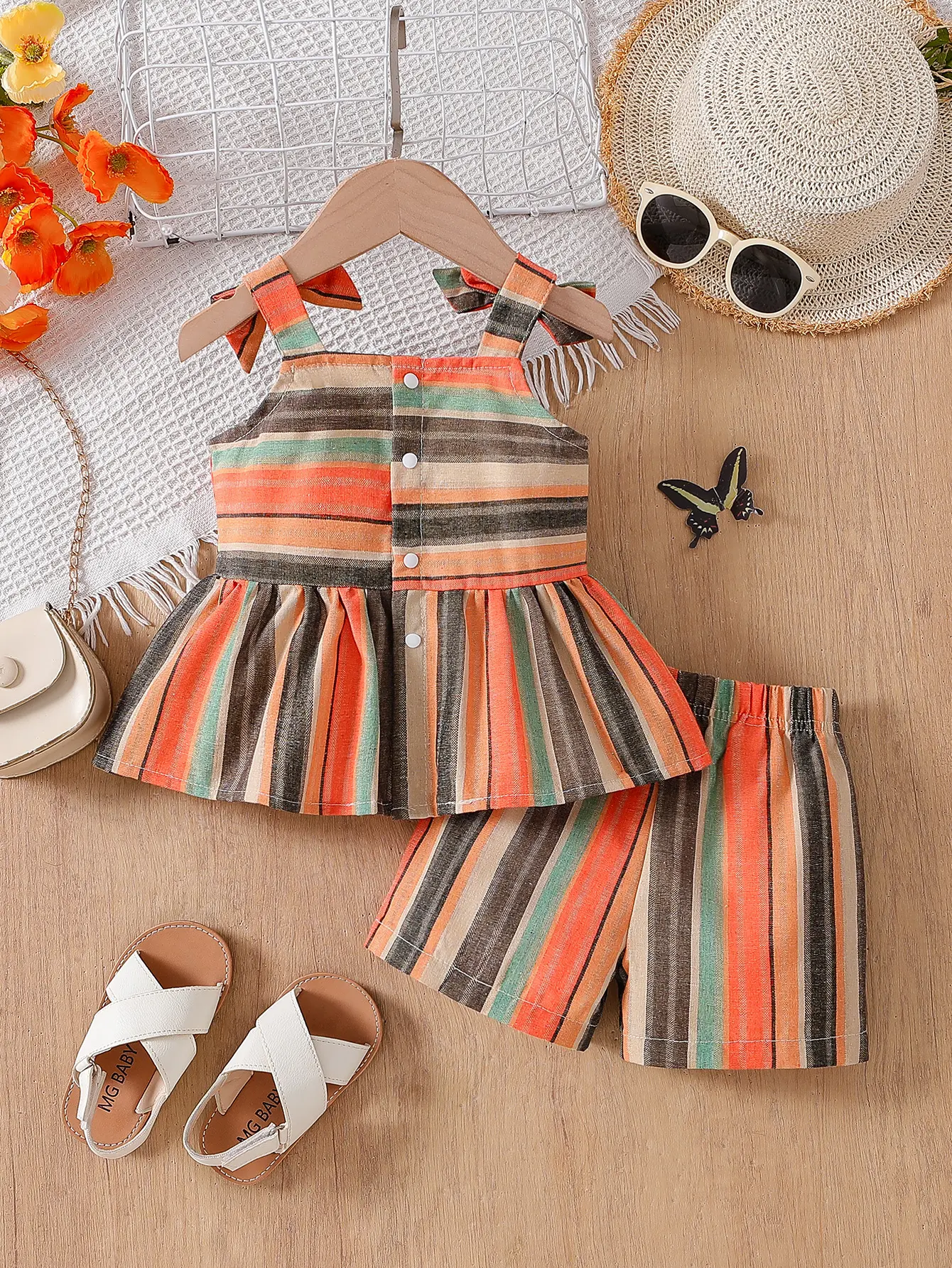 Baby Girl Summer Vacation Casual Colorful Stripe Bow Strap Skirt Top and Shorts Set