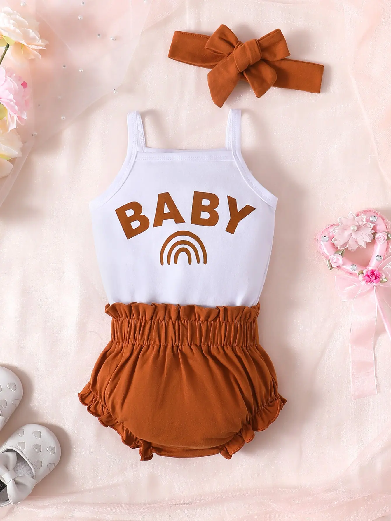 Summer Baby Girl Letter Graphic Cami Bodysuit & Paperbag Waist Shorts & Headband