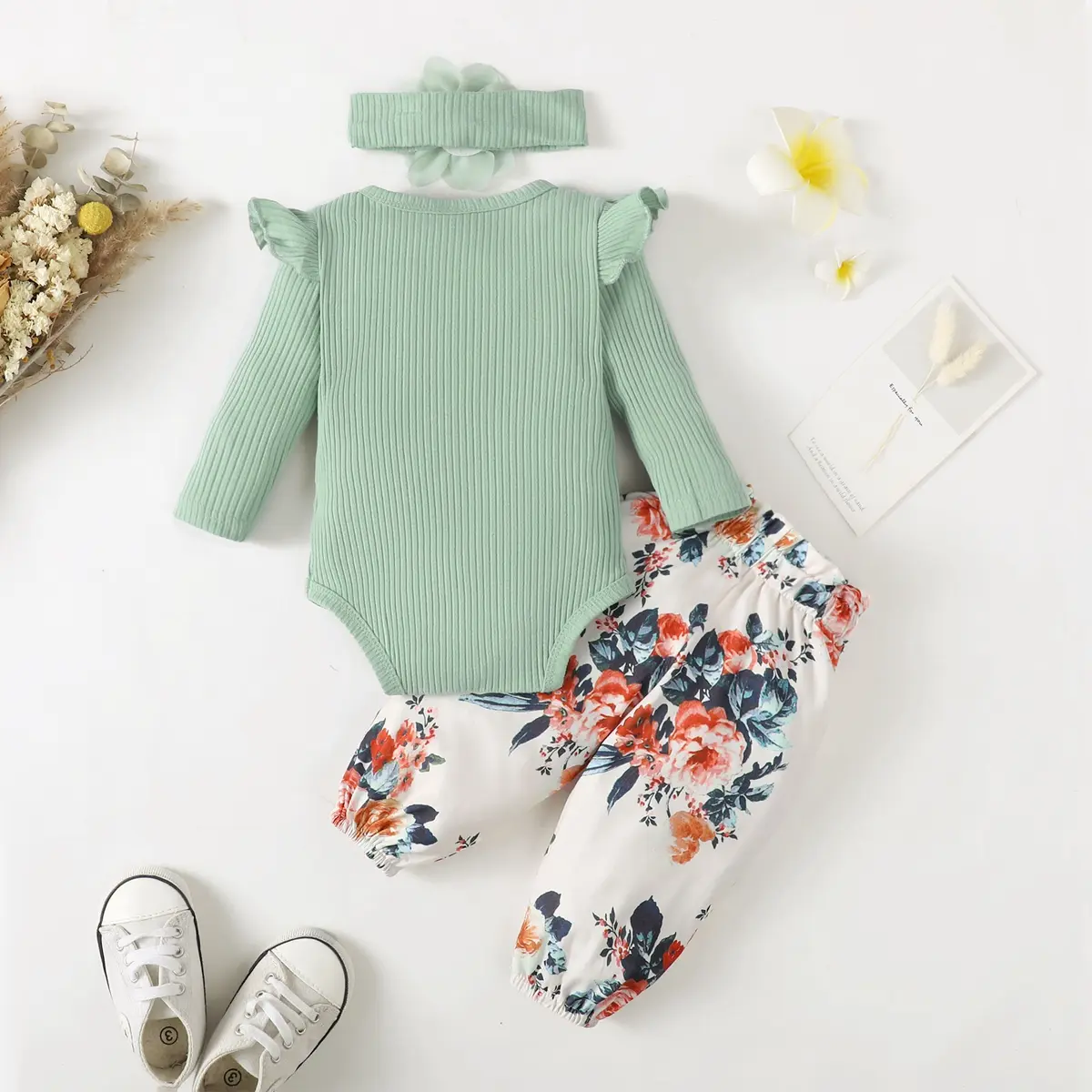 0-2 Year Old Newborn Baby Girls Spring and Autumn Long Sleeve Round Neck Pure Color Flower Print Pants Fashion Set