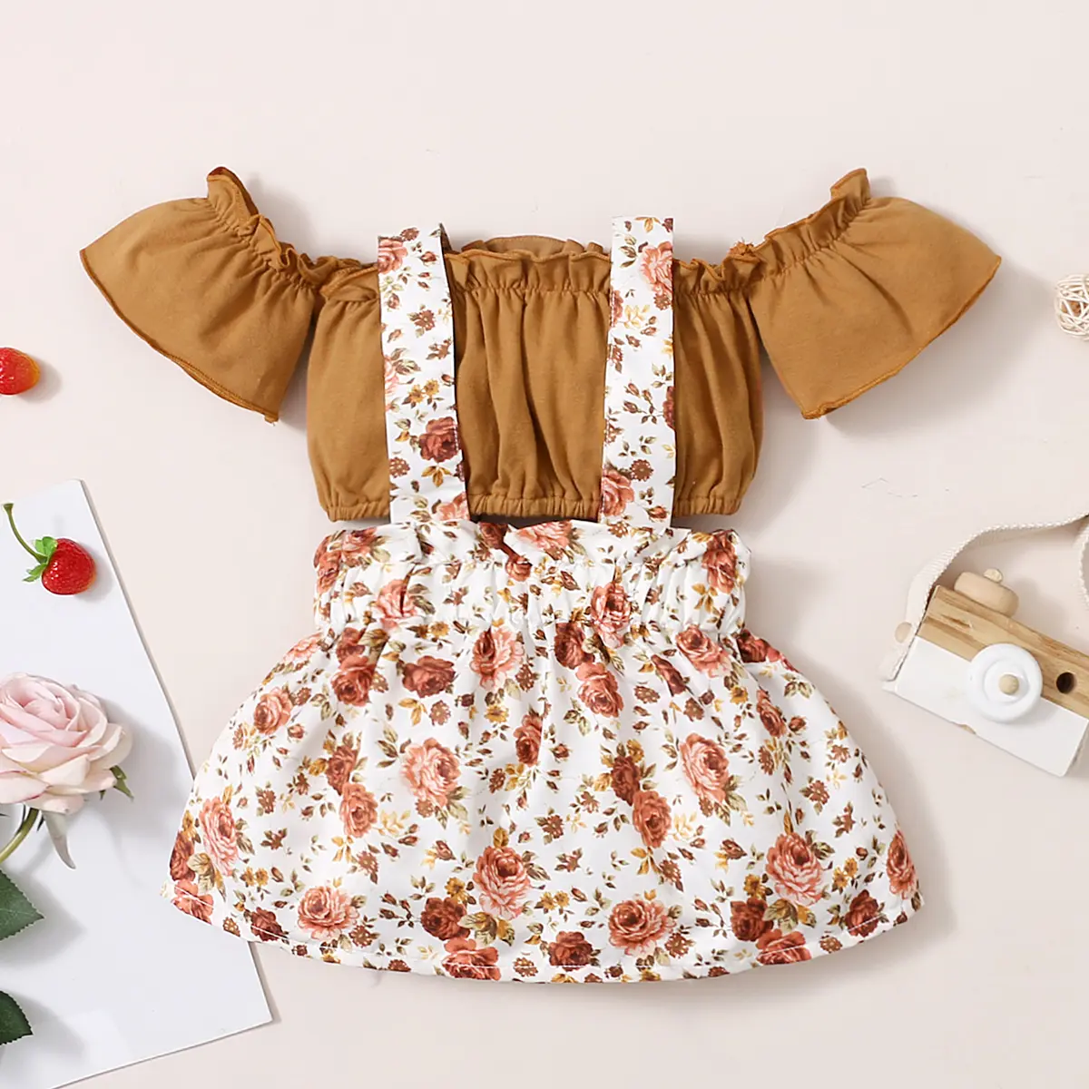 0-2-year-old newborn baby girl summer round neck short-sleeved short-style jacket with floral print straps skirt fashion suit