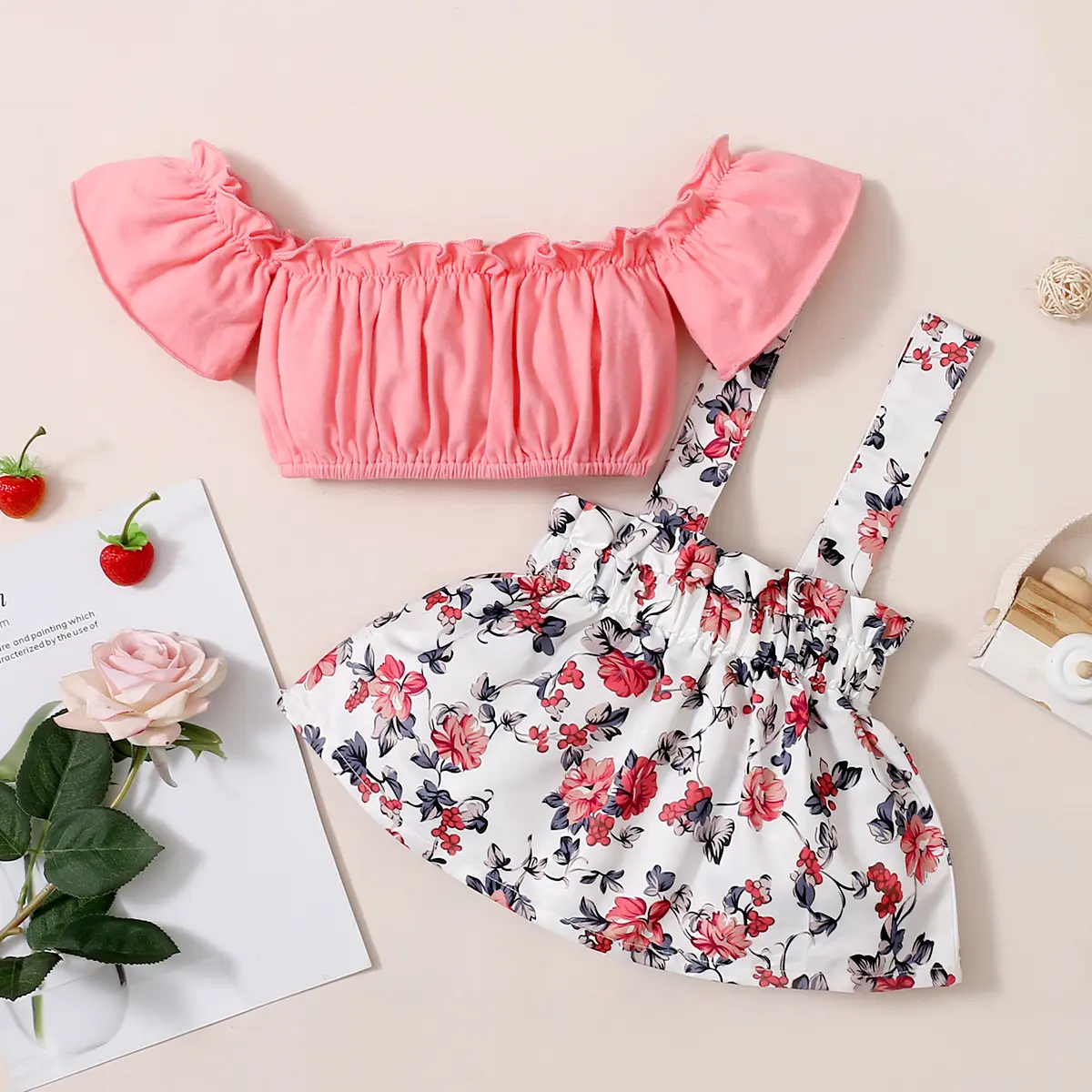 0-2-year-old newborn baby girl summer round neck short-sleeved short-style jacket with floral print straps skirt fashion suit