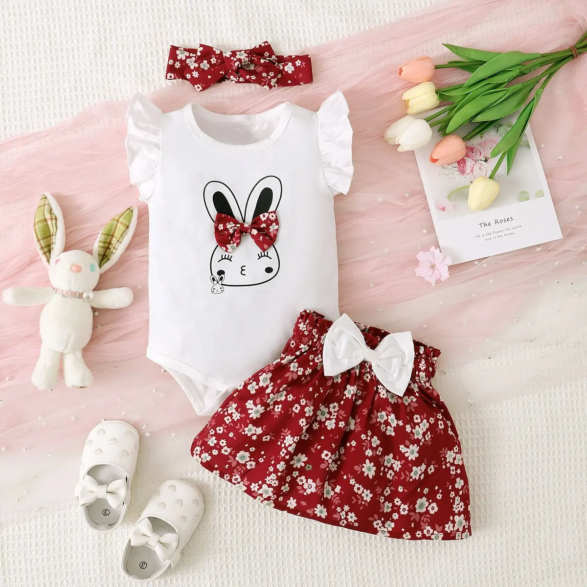 0-2 Year Old Newborn Baby Girl Headscarf, Bunny Print, Bow, Fly Sleeve Floral Skirt, Bow Skirt Set