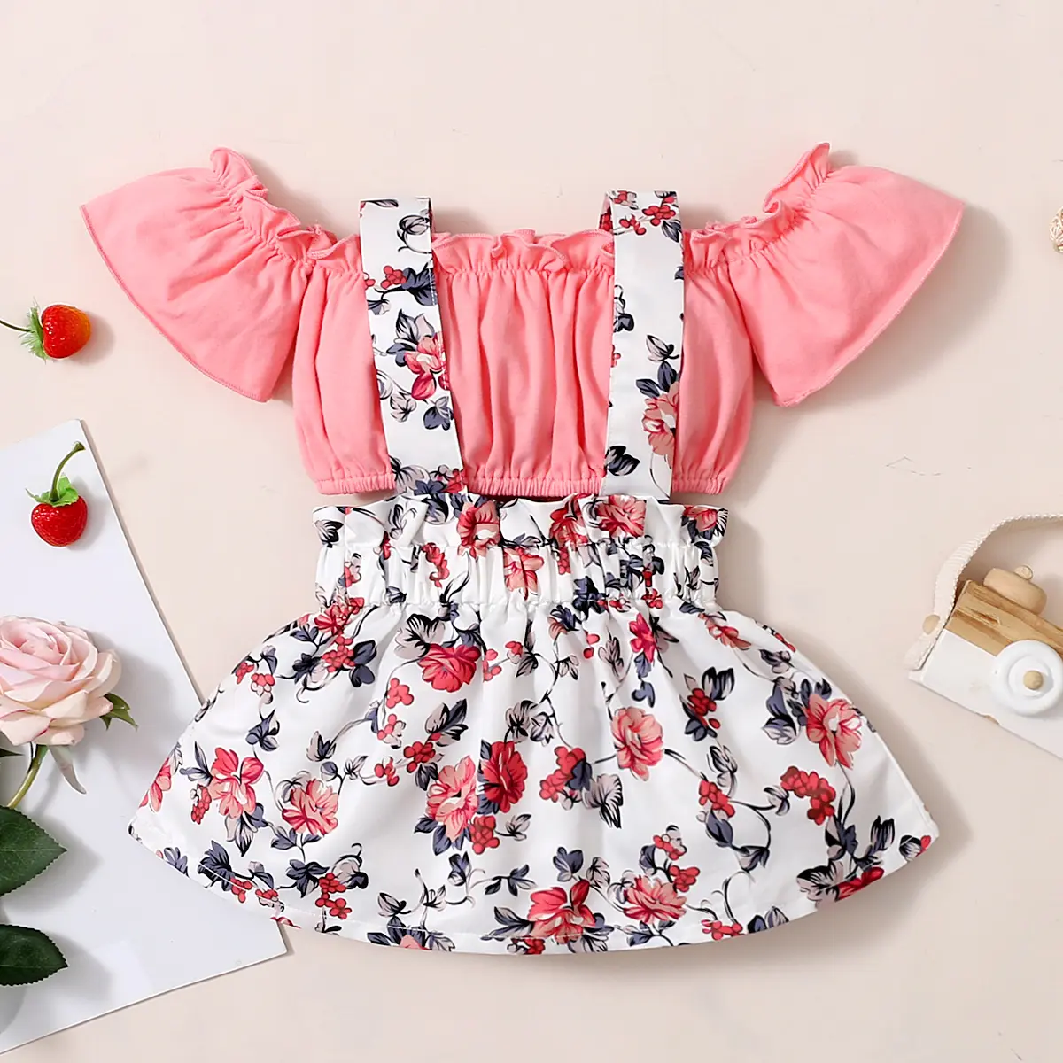 0-2-year-old newborn baby girl summer round neck short-sleeved short-style jacket with floral print straps skirt fashion suit