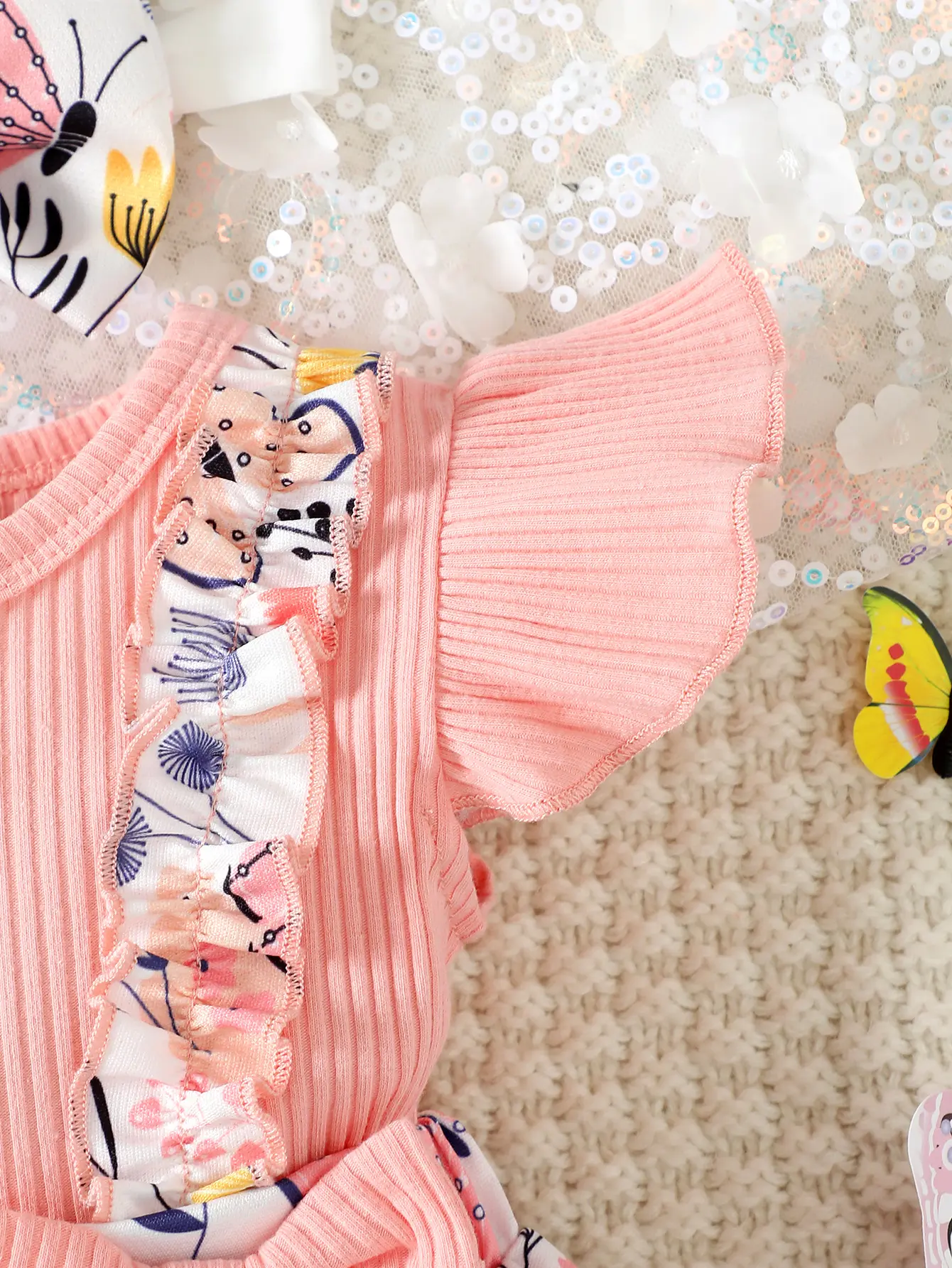 0-2 Year Old Newborn Children's Baby pit Pattern Combed Cotton Fly Sleeve Bow Digital Printing Bow Decoration Dress