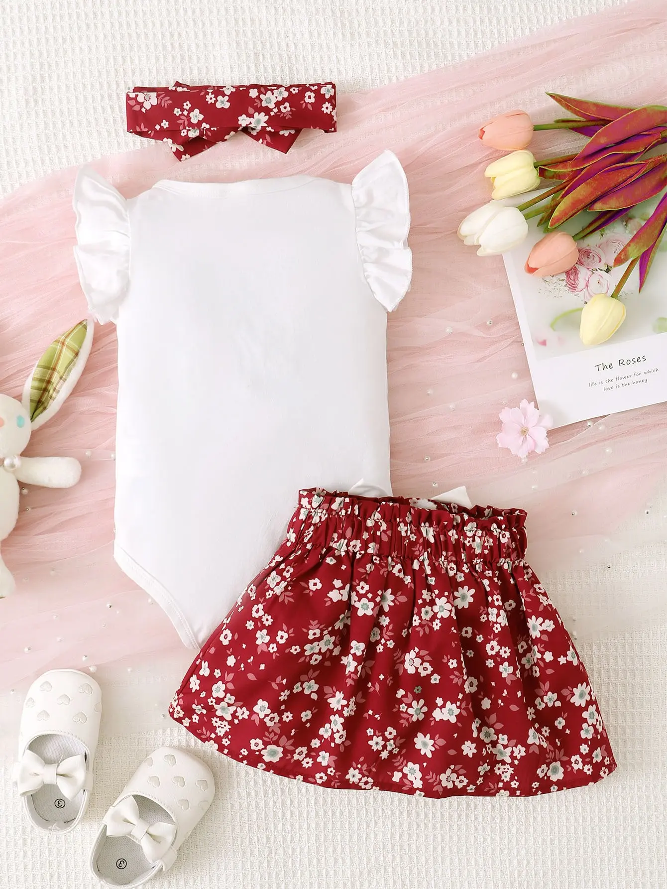 0-2 Year Old Newborn Baby Girl Headscarf, Bunny Print, Bow, Fly Sleeve Floral Skirt, Bow Skirt Set