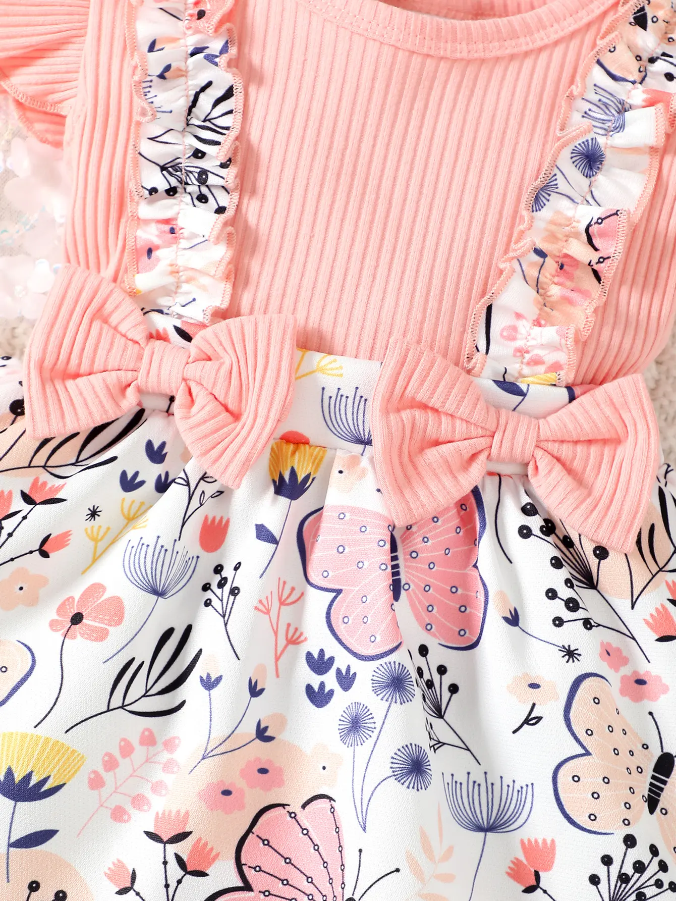 0-2 Year Old Newborn Children's Baby pit Pattern Combed Cotton Fly Sleeve Bow Digital Printing Bow Decoration Dress