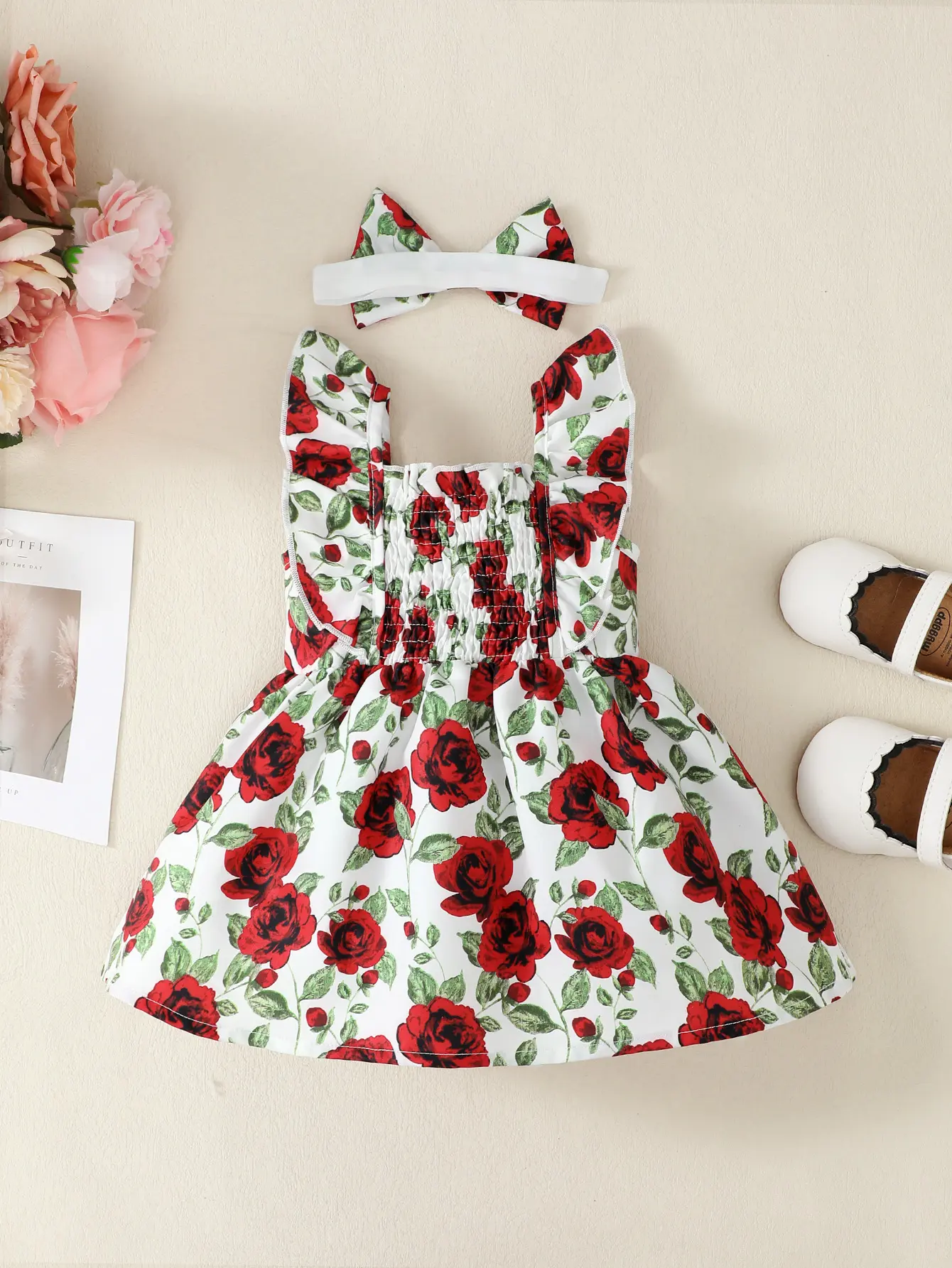 0-2 Year Old Newborn Girl Rose Digital Print Flying Sleeves Bow Dress