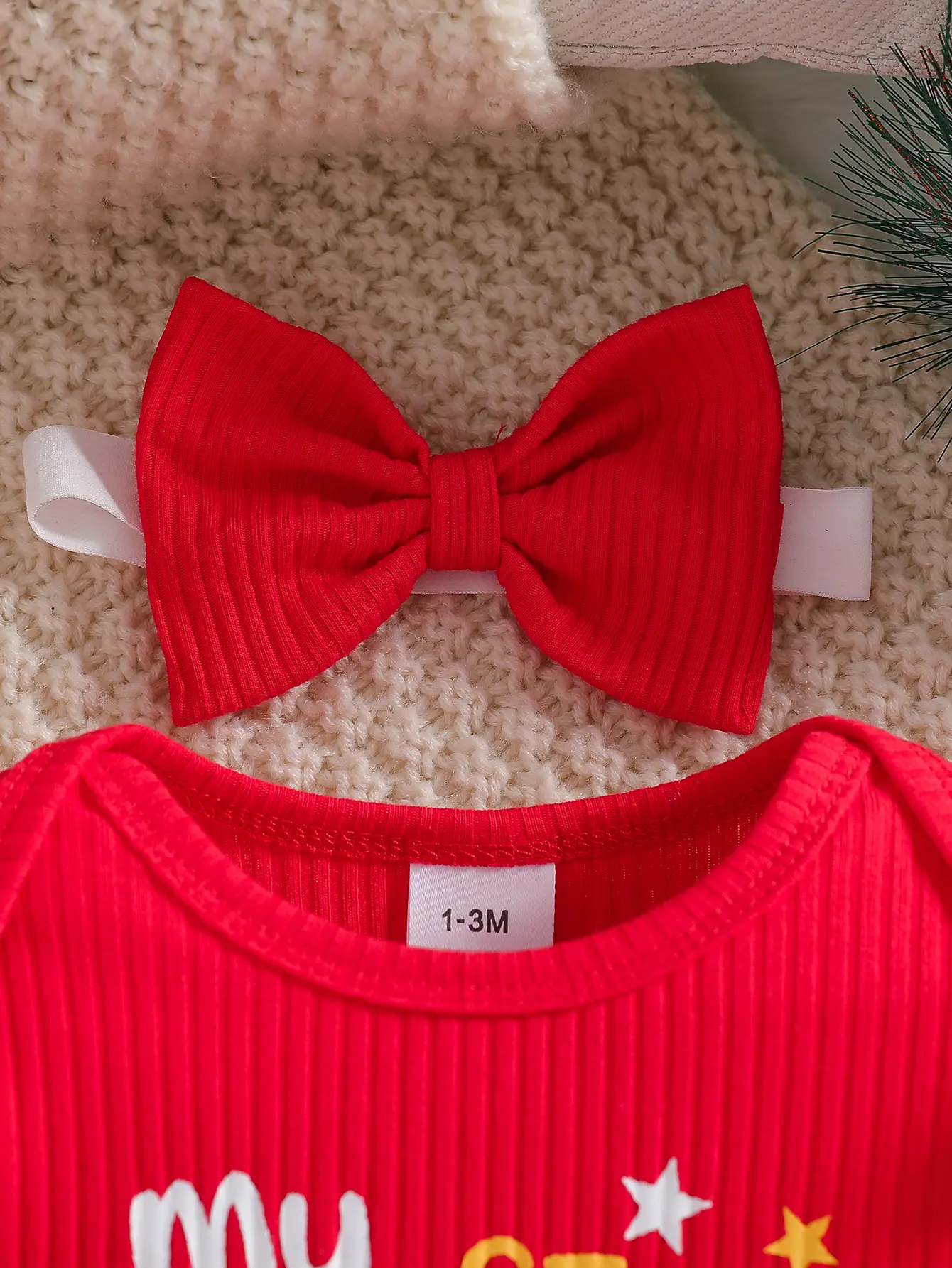 Baby girl cute Christmas costume round neck ruffled long sleeved jumpsuit and suspender jumpsuit, red bow socks and bow headband