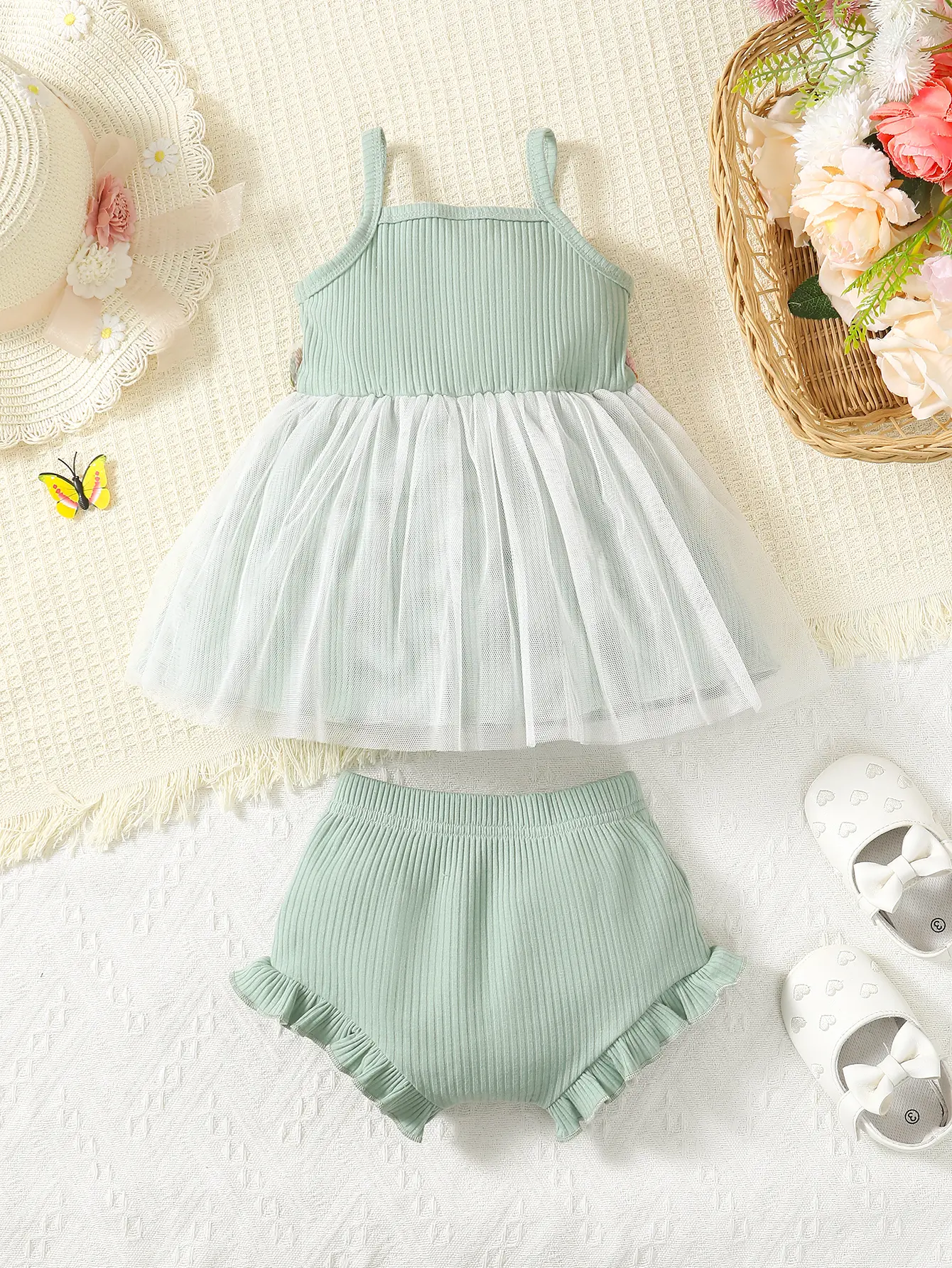 Summer Baby Girl Aged 0-2, Green Casual Daily Mesh Dress Paired With Green Panties 2-Piece Set