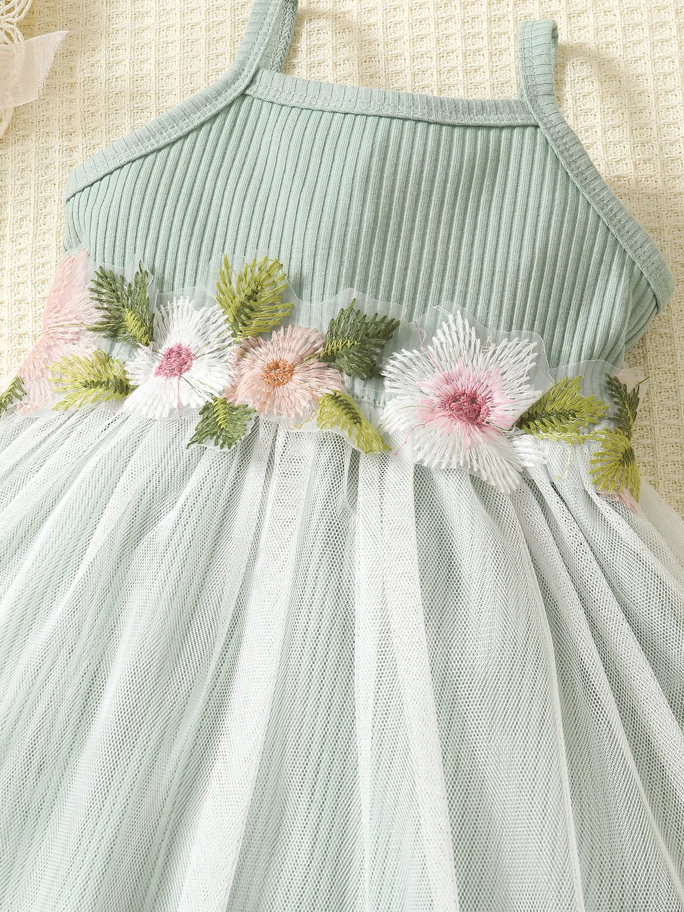 Summer Baby Girl Aged 0-2, Green Casual Daily Mesh Dress Paired With Green Panties 2-Piece Set