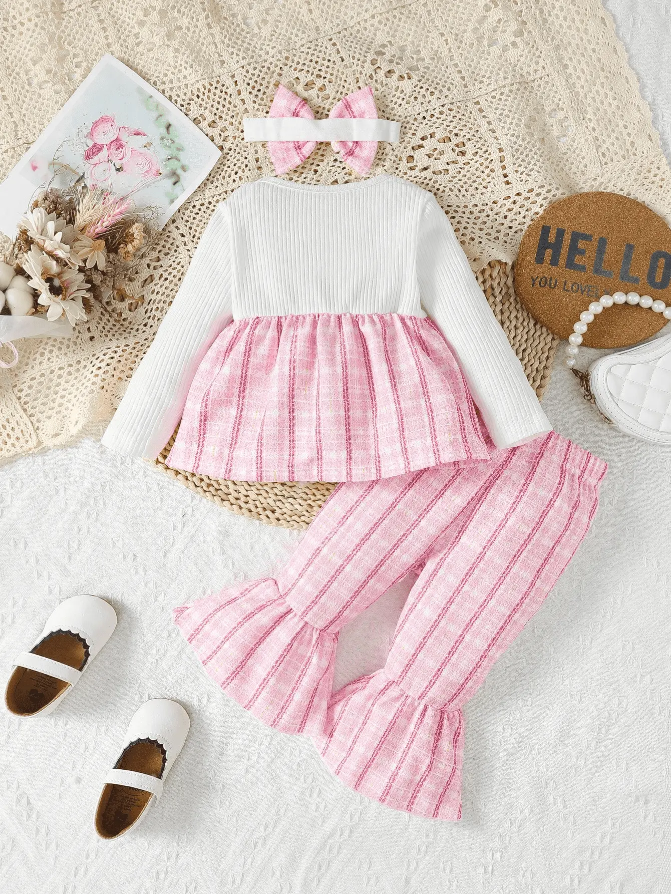 0-3-year-old Newborn Children's Spring and Autumn Round Neck Spliced Fake Two Piece Long Sleeves with Flare Legged Pants Fashion